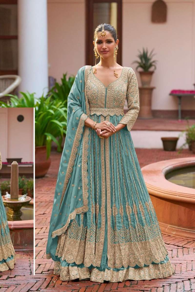 INDIAN DESIGNER FANCY WEDDING PARTY WEAR CHINON SILK SKY BLUE ANARKALI GOWN SALWAR SUIT GL MEENAT 7625 C