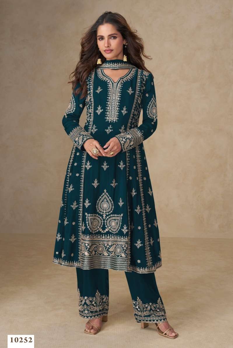 INDIAN DESIGNER FANCY WEDDING PARTY WEAR CHINON SILK TEAL BLUE SALWAR SUIT SHF 10252