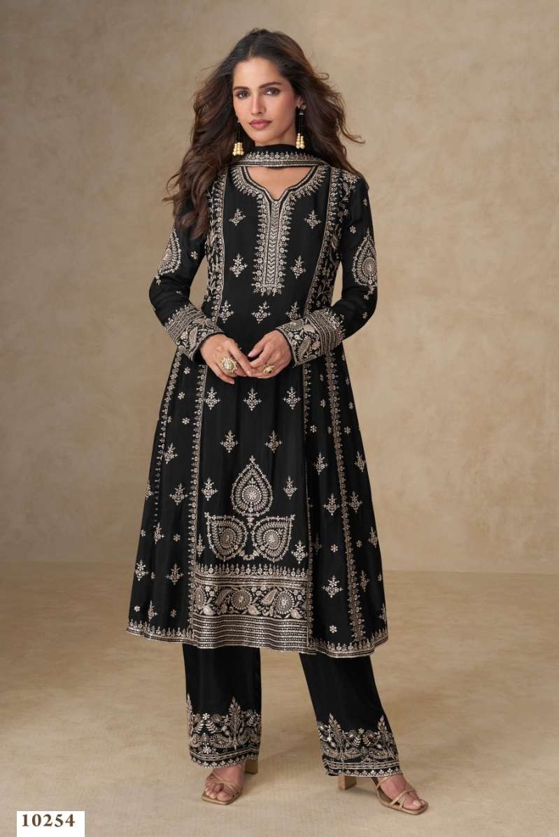 INDIAN DESIGNER FANCY WEDDING PARTY WEAR CHINON SILK BLACK SALWAR SUIT SHF 10254