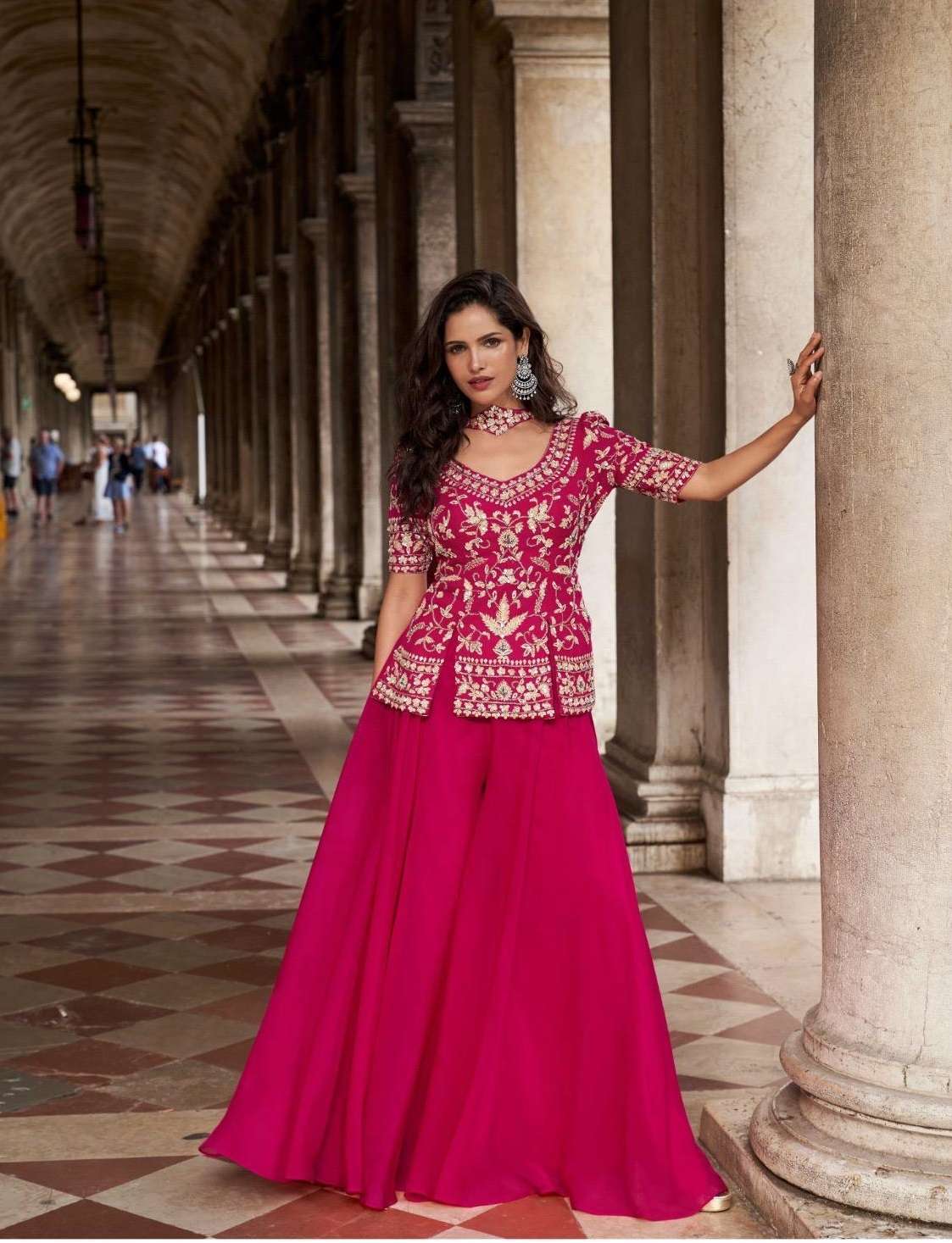 INDIAN DESIGNER FANCY WEDDING PARTY WEAR ORGANZA SILK RANI PINK KOTI PALLAZO SHARARA SALWAR SUIT SY BELA 10097