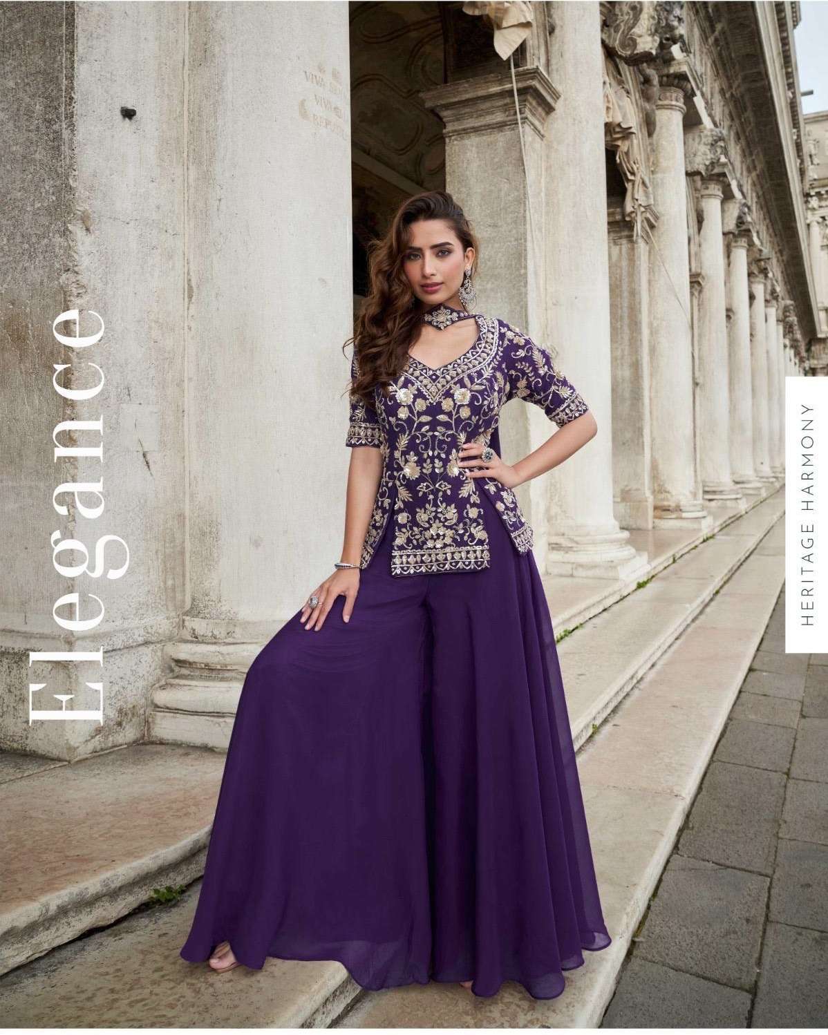 INDIAN DESIGNER FANCY WEDDING PARTY WEAR ORGANZA SILK PURPLE KOTI PALLAZO SHARARA SALWAR SUIT SY BELA 10098