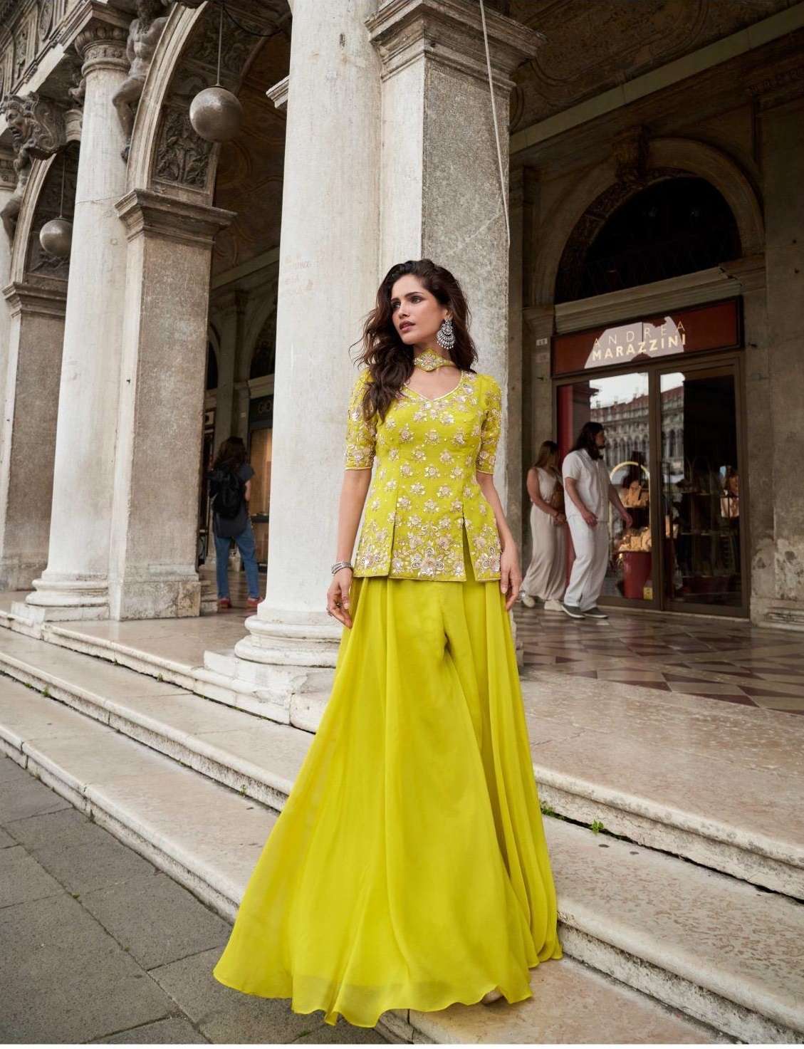 INDIAN DESIGNER FANCY WEDDING PARTY WEAR ORGANZA SILK YELLOW GREEN KOTI PALLAZO SHARARA SALWAR SUIT SY BELA 10099