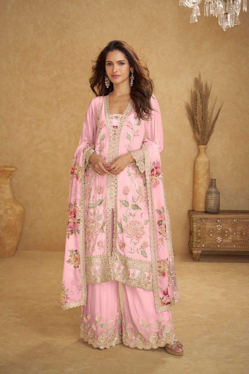 INDIAN DESIGNER FANCY WEDDING PARTY WEAR REAL CHINON PINK PALLAZO SHARARA SALWAR SUIT GL INAYAT 7555 A