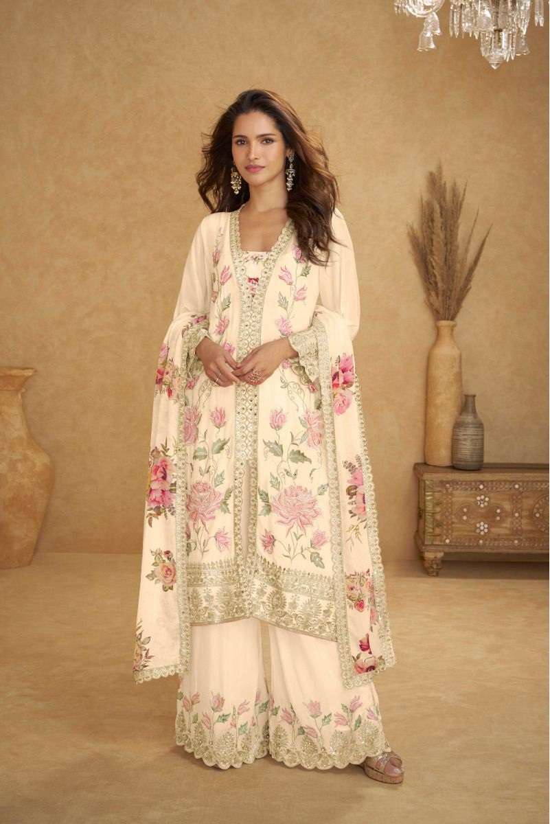 INDIAN DESIGNER FANCY WEDDING PARTY WEAR REAL CHINON PALLAZO OFF WHITE SHARARA SALWAR SUIT GL INAYAT 7555 B