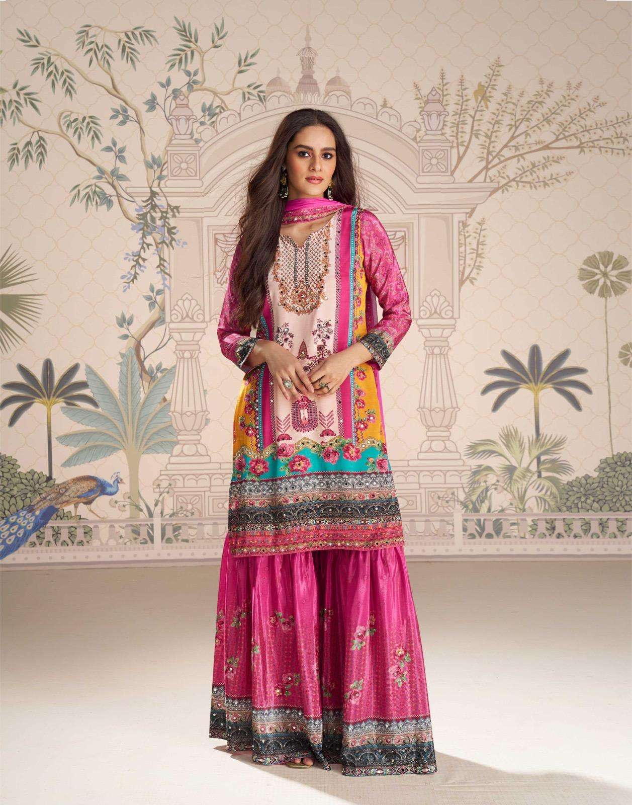 INDIAN DESIGNER FANCY WEDDING PARTY WEAR REAL CREPE RANI PINK PALLAZO SHARARA SALWAR SUIT SY KIRTI 10181
