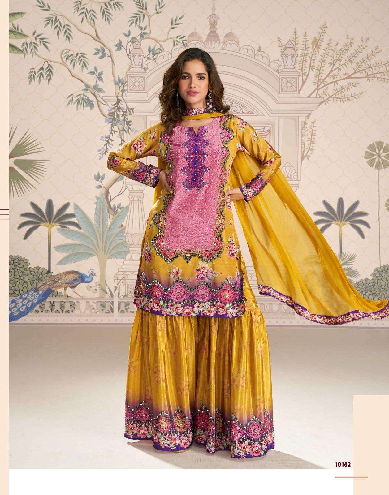 INDIAN DESIGNER FANCY WEDDING PARTY WEAR REAL CREPE YELLOW PALLAZO SHARARA SALWAR SUIT SY KIRTI 10182