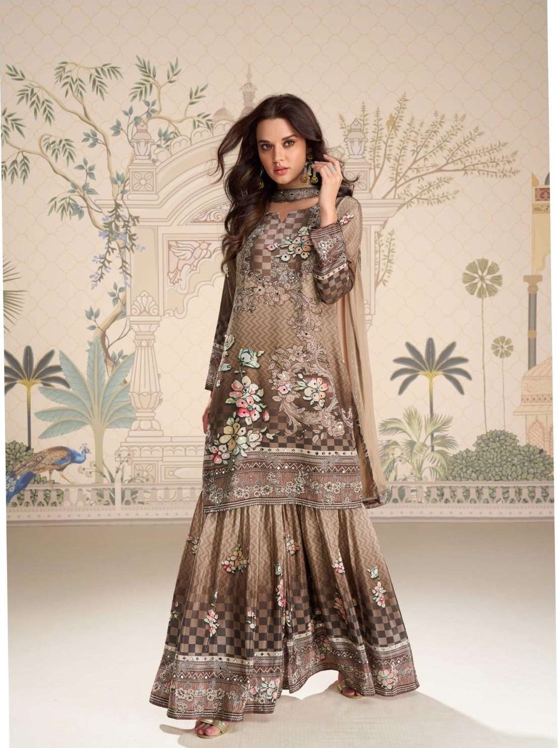 INDIAN DESIGNER FANCY WEDDING PARTY WEAR REAL CREPE DEEP CHIKU PALLAZO SHARARA SALWAR SUIT SY KIRTI 10185