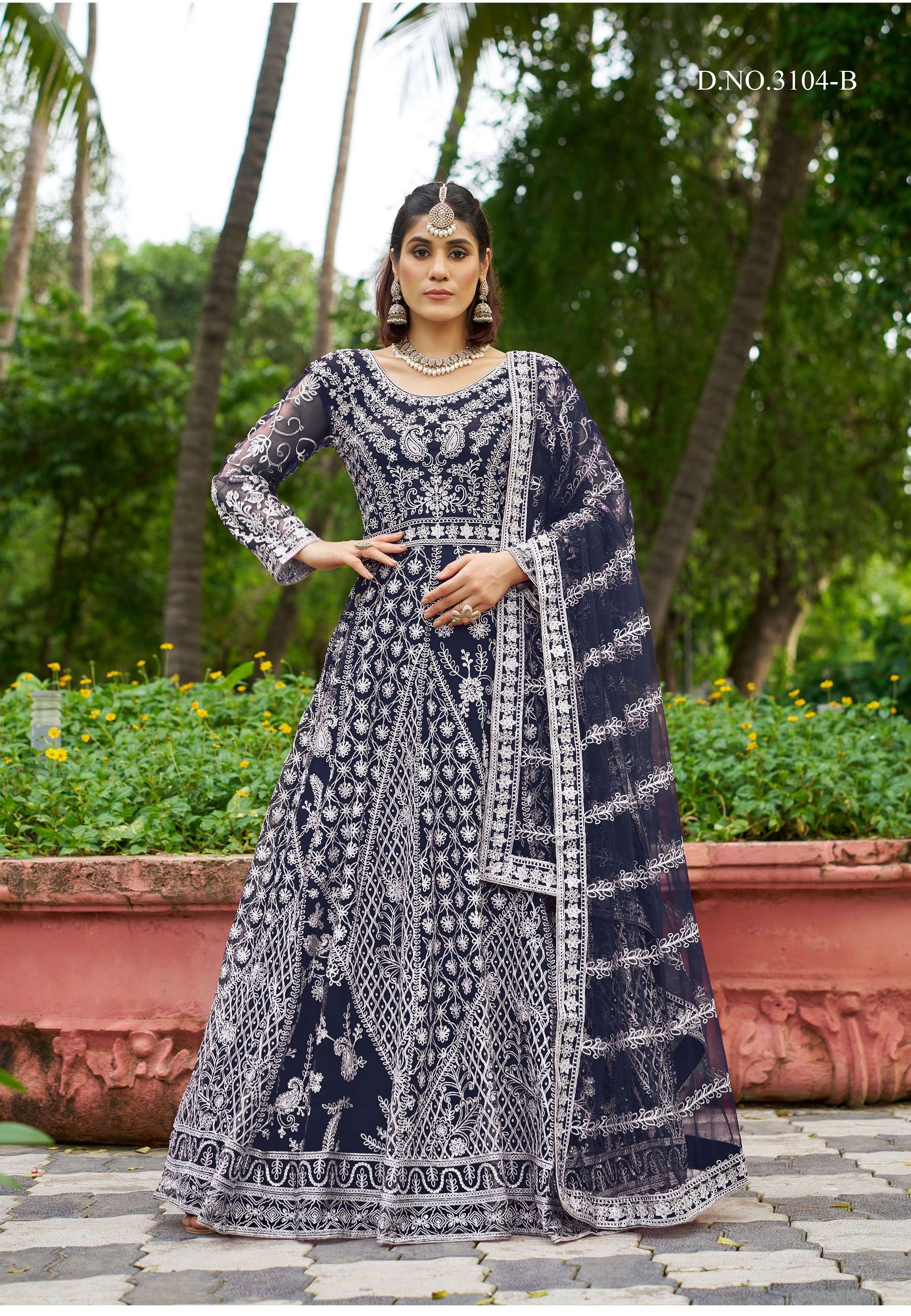 PARTY WEAR READYMADE BLUE ANARKALI SALWAR SUIT LONG GOWN IN BUTTERFLY NET SENHORA MEHFIL 3104 B