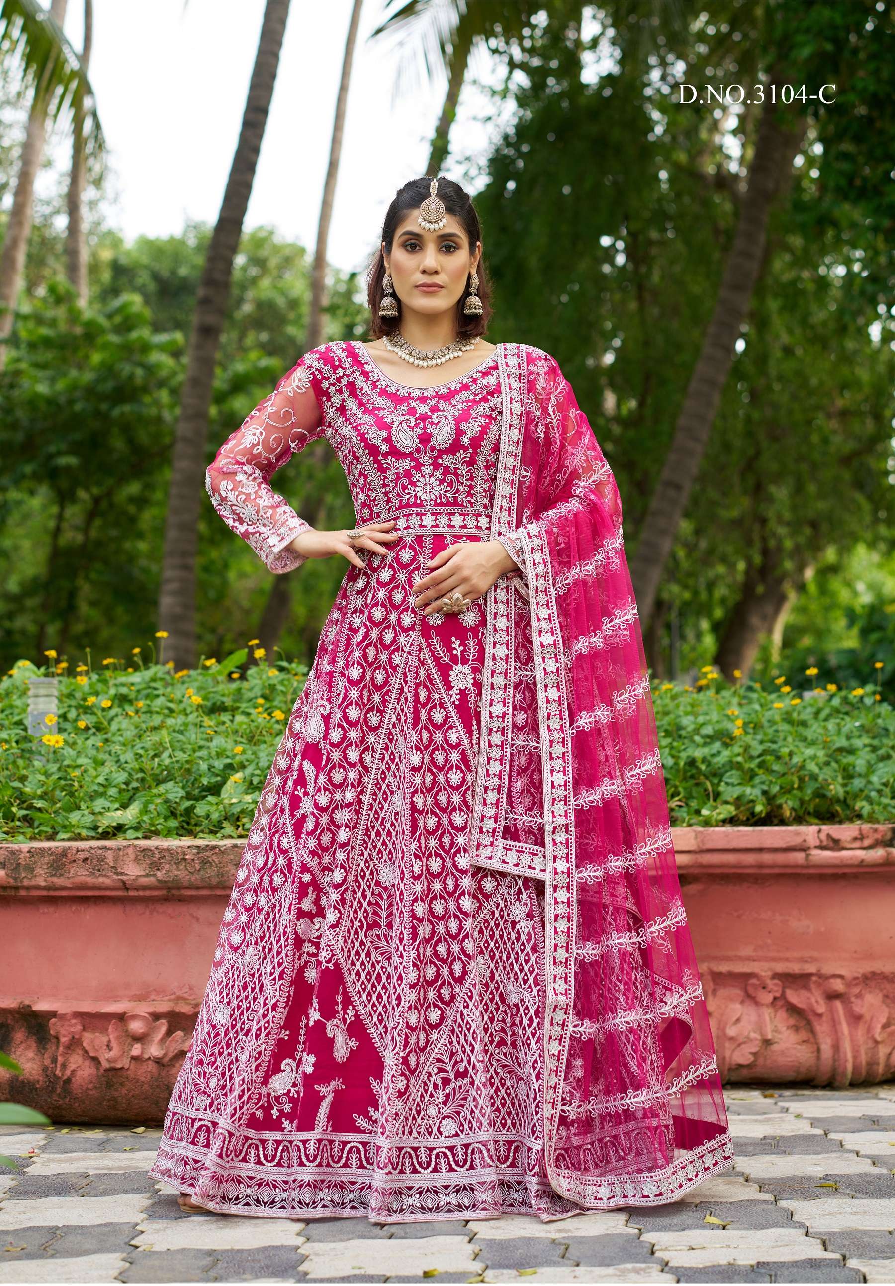 PARTY WEAR READYMADE PINK ANARKALI SALWAR SUIT LONG GOWN IN BUTTERFLY NET SENHORA MEHFIL 3104 C