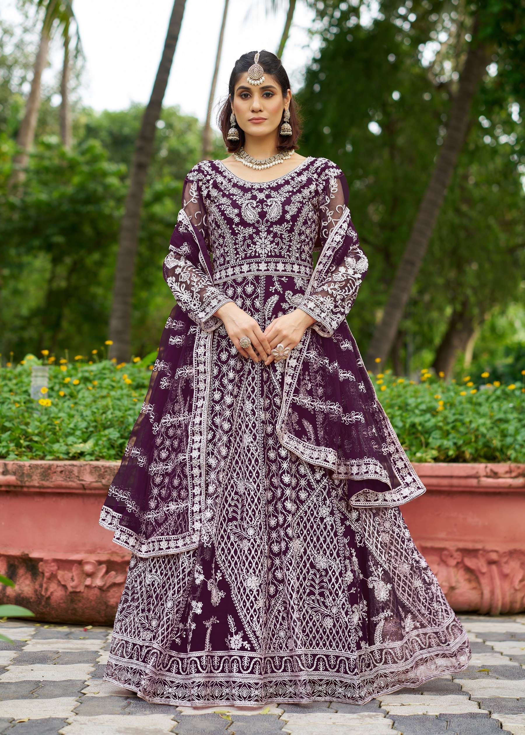 PARTY WEAR READYMADE PURPLE ANARKALI SALWAR SUIT LONG GOWN IN BUTTERFLY NET SENHORA MEHFIL 3104 D