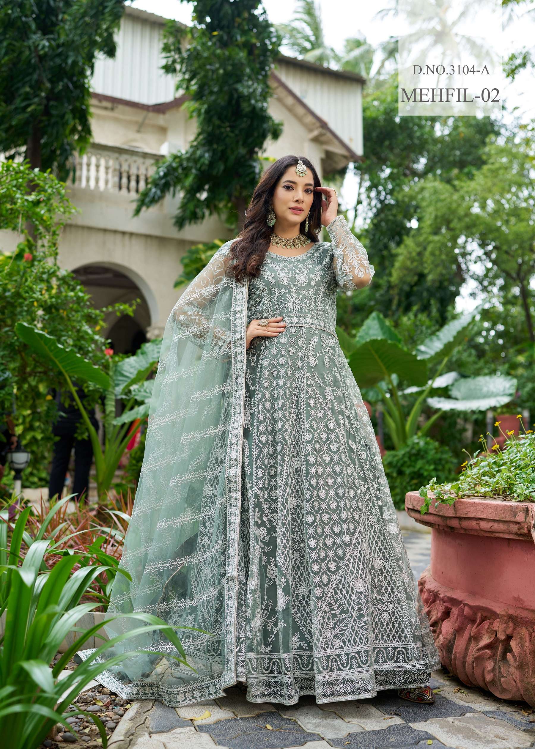 PARTY WEAR READYMADE SKY BLUE ANARKALI SALWAR SUIT LONG GOWN IN BUTTERFLY NET SENHORA MEHFIL 3104 A