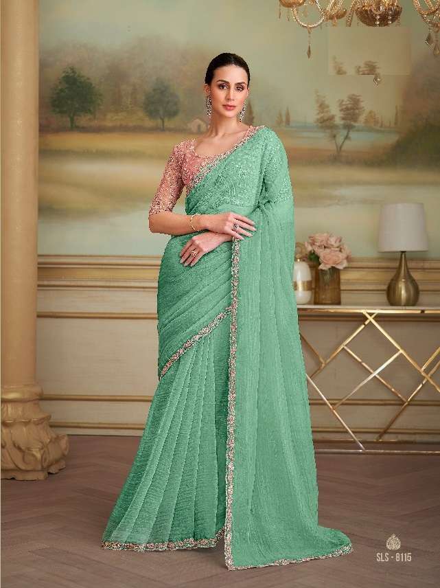 WEDDING SEASON DESIGNER PARTY WEAR GEORGETTE PISTA SAREE WITH SILK BLOUSE COLLECTION SM TFH 8115