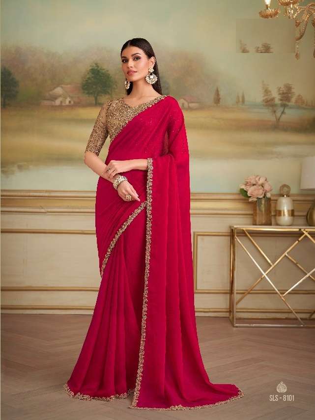 WEDDING SEASON DESIGNER PARTY WEAR GEORGETTE RED SAREE WITH SILK BLOUSE COLLECTION SM TFH 8101