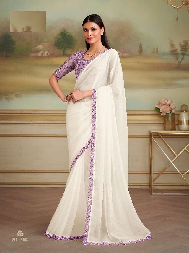 WEDDING SEASON DESIGNER PARTY WEAR GEORGETTE WHITE SAREE WITH SILK BLOUSE COLLECTION SM TFH 8103