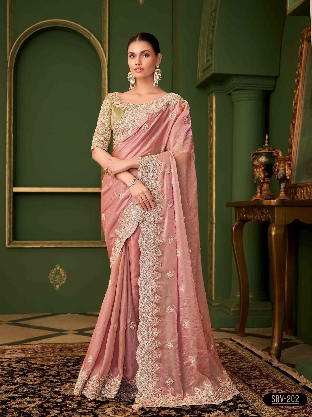 WEDDING SEASON DESIGNER PARTY WEAR SARTIN GEORGETTE PEACH HEAVY SAREE COLLECTION SM TFH SARVARATNA 202