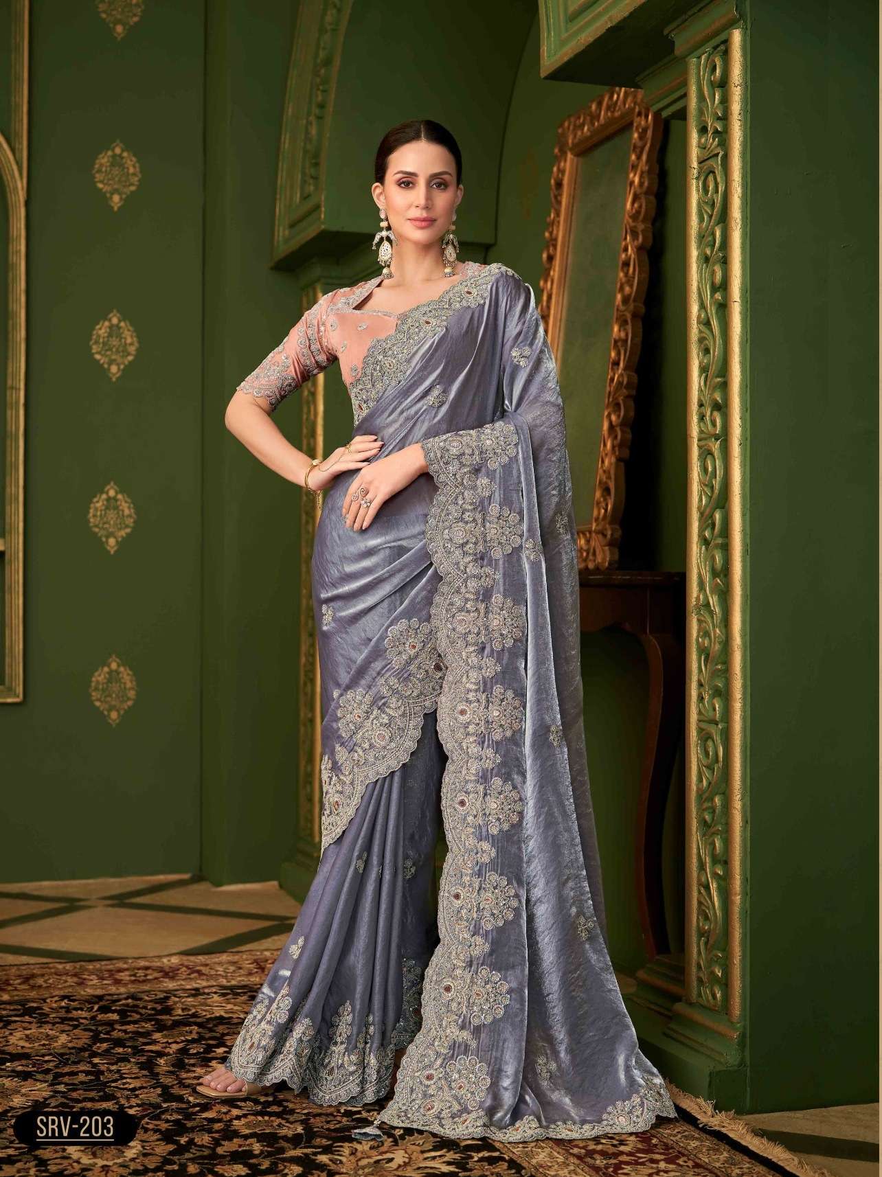 WEDDING SEASON DESIGNER PARTY WEAR SARTIN GEORGETTE GREY HEAVY SAREE COLLECTION SM TFH SARVARATNA 203