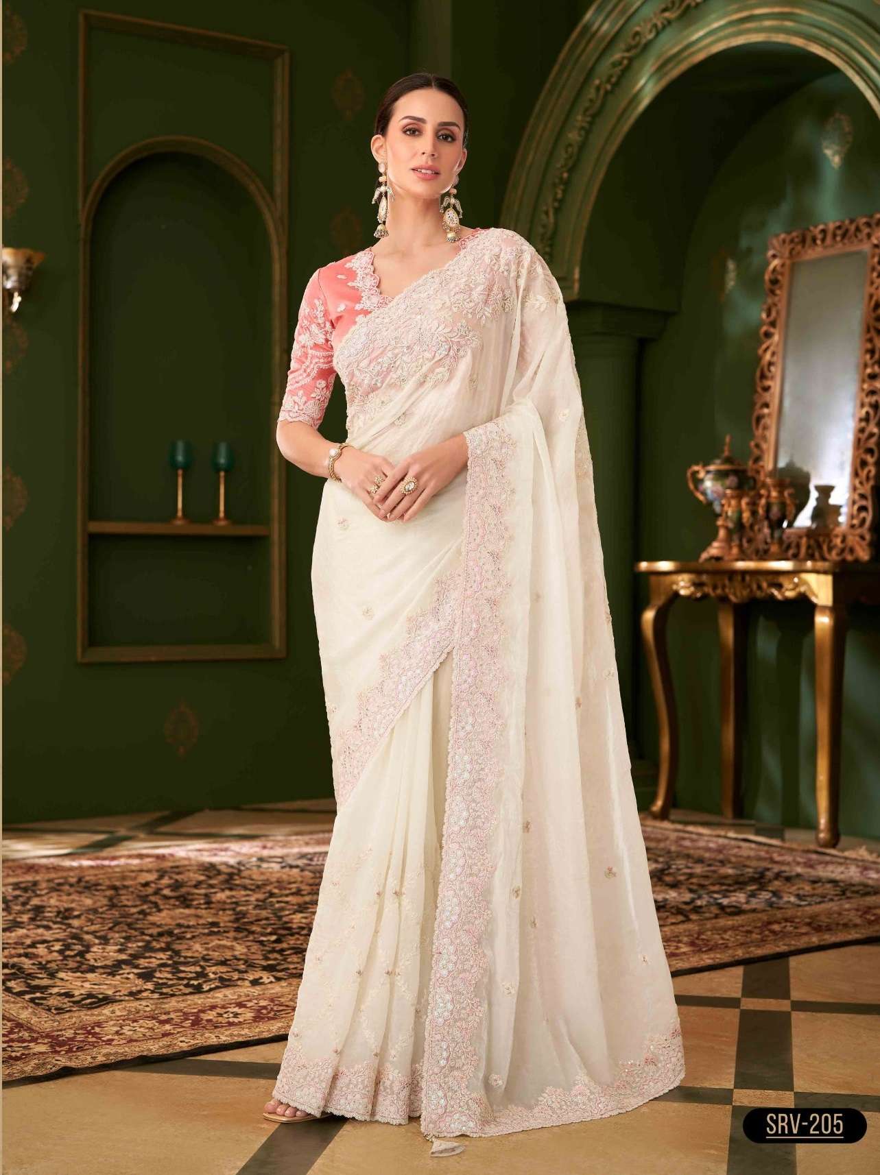 WEDDING SEASON DESIGNER PARTY WEAR SARTIN GEORGETTE WHITE HEAVY SAREE COLLECTION SM TFH SARVARATNA 205