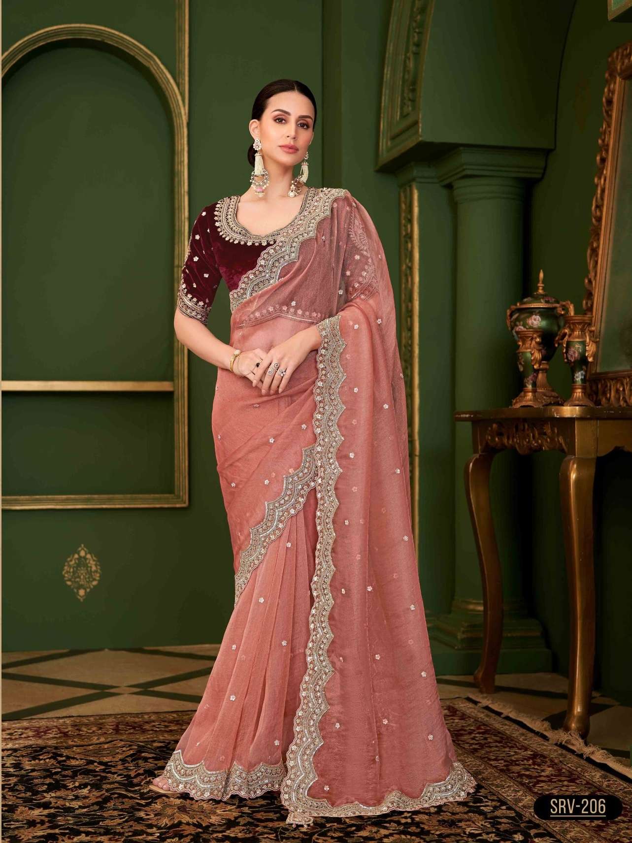 WEDDING SEASON DESIGNER PARTY WEAR SARTIN GEORGETTE HEAVY PEACH SAREE COLLECTION SM TFH SARVARATNA 206