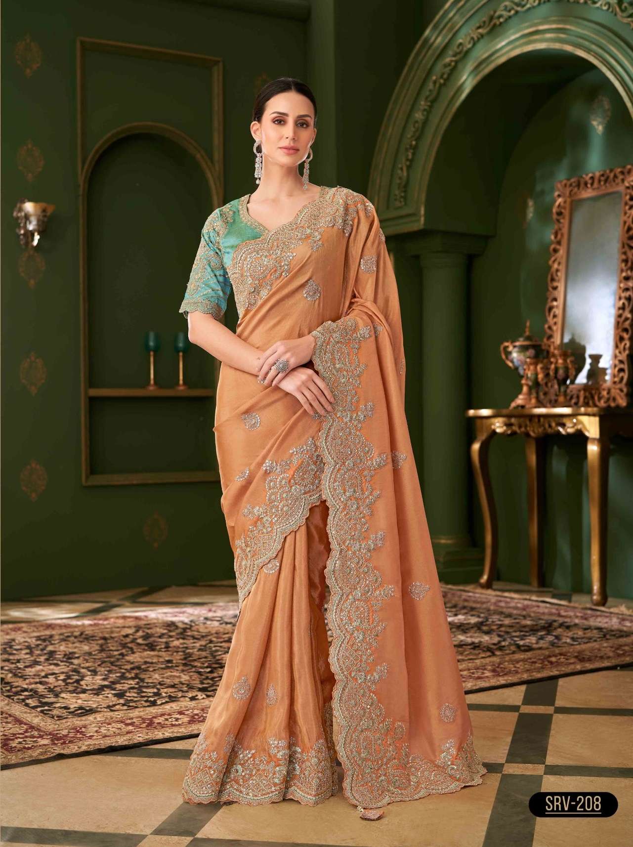 WEDDING SEASON DESIGNER PARTY WEAR SARTIN GEORGETTE ORANGE HEAVY SAREE COLLECTION SM TFH SARVARATNA 208
