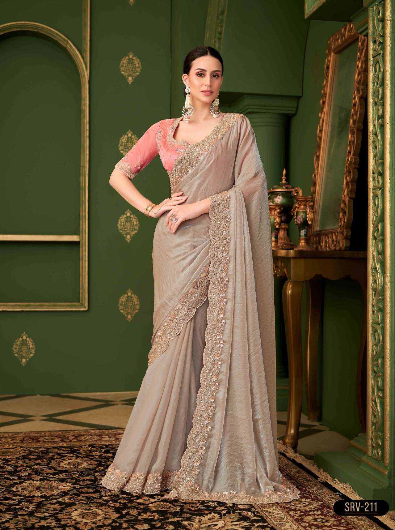 WEDDING SEASON DESIGNER PARTY WEAR SARTIN GEORGETTE CHIKOO HEAVY SAREE COLLECTION SM TFH SARVARATNA 211