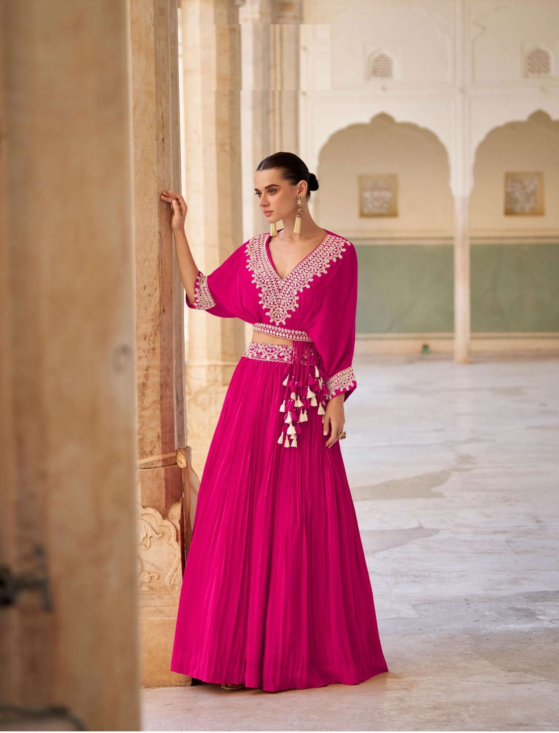 WESTERN STYLE NEW INDIAN FANCY BEAD WORK RANI PINK LEHENGA CHOLI COLLECTION QAYAAMAT 5869