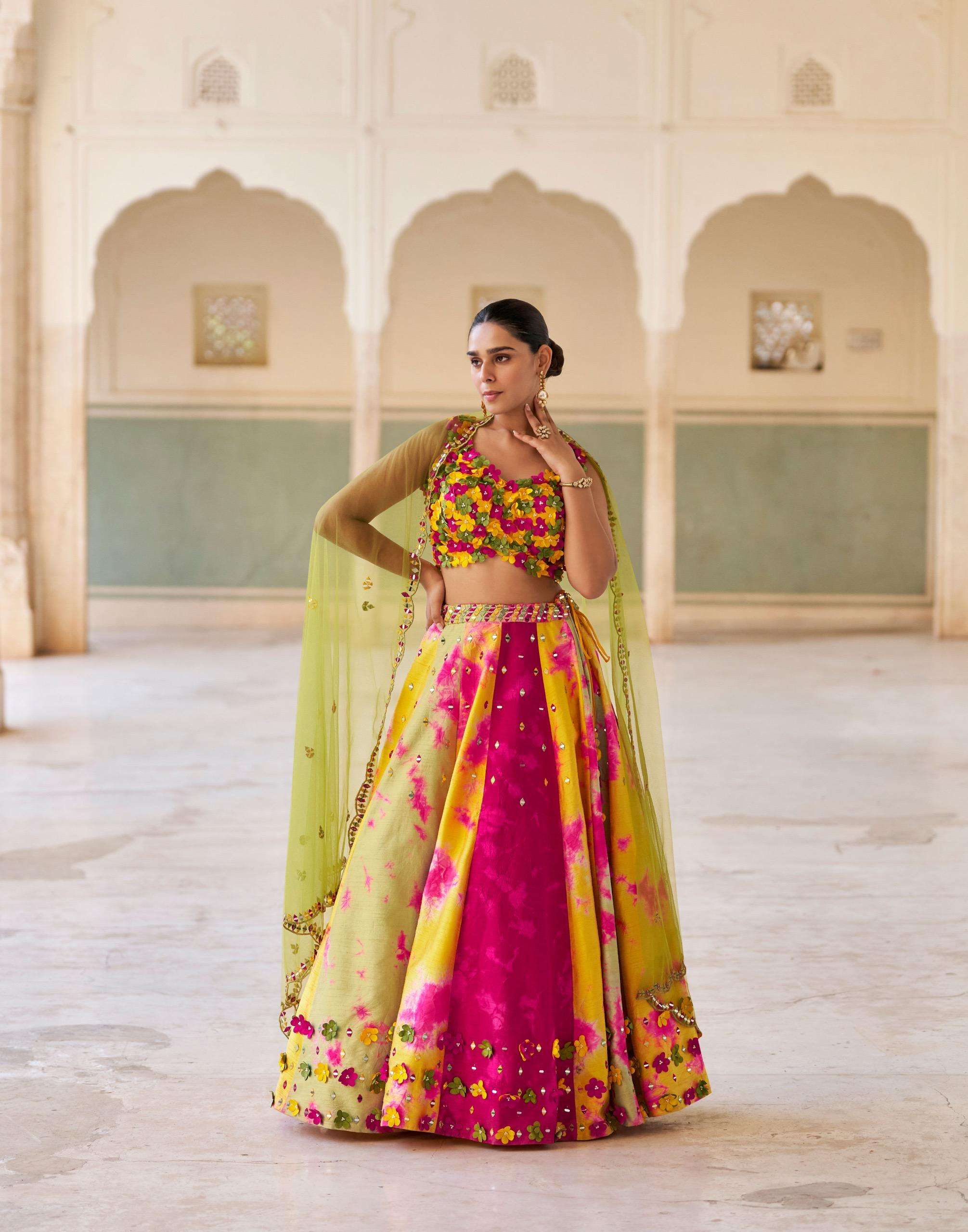 WESTERN STYLE NEW INDIAN FANCY BEAD WORK YELLOW RANI LEHENGA CHOLI COLLECTION QAYAAMAT 5870