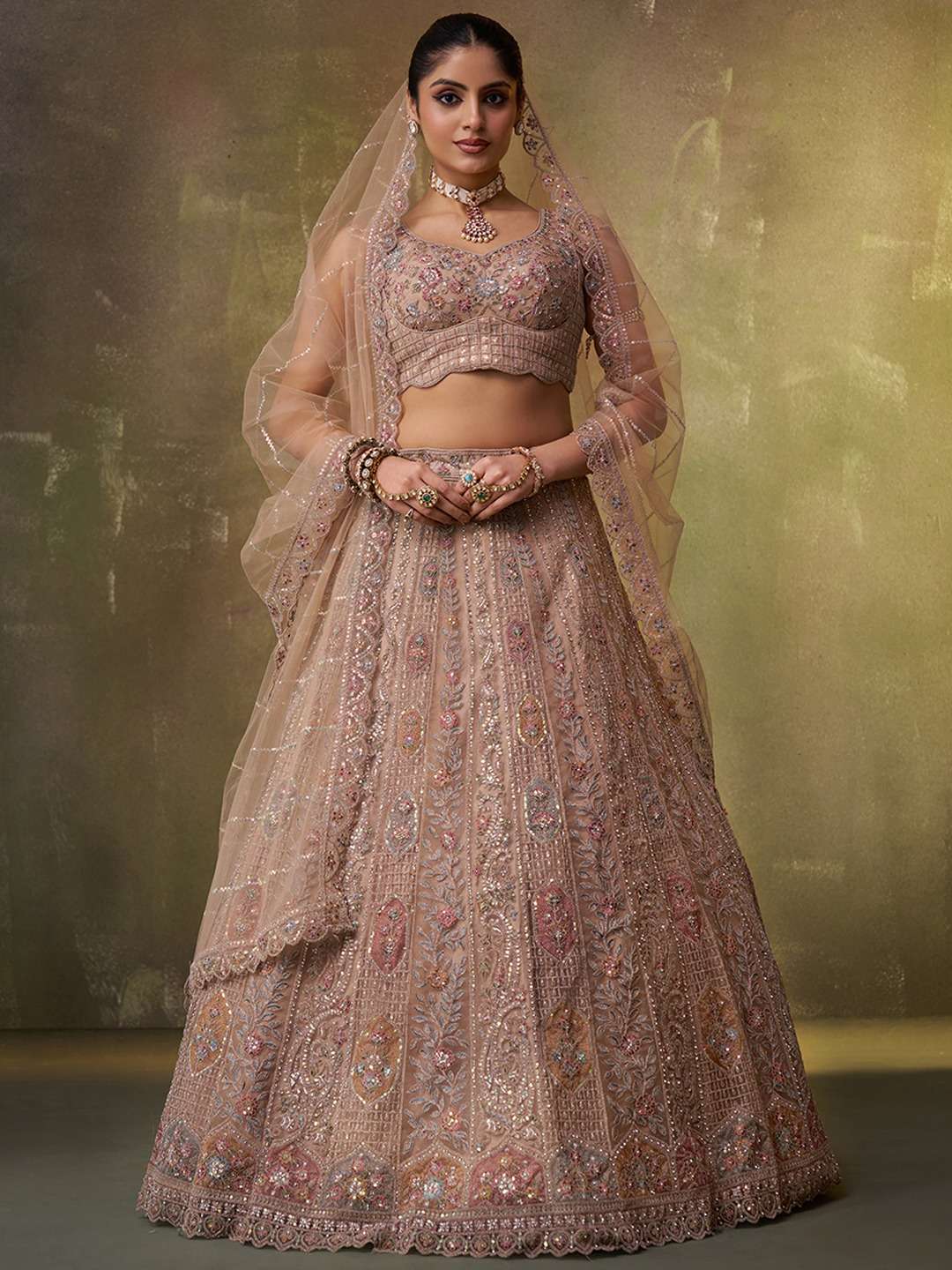 DESIGNER BOLLYWOOD BRIDAL WEDDING PARTY WEAR BEIGE NET LEHENGA CHOLI SENHORA DRESSES NT 6249 D