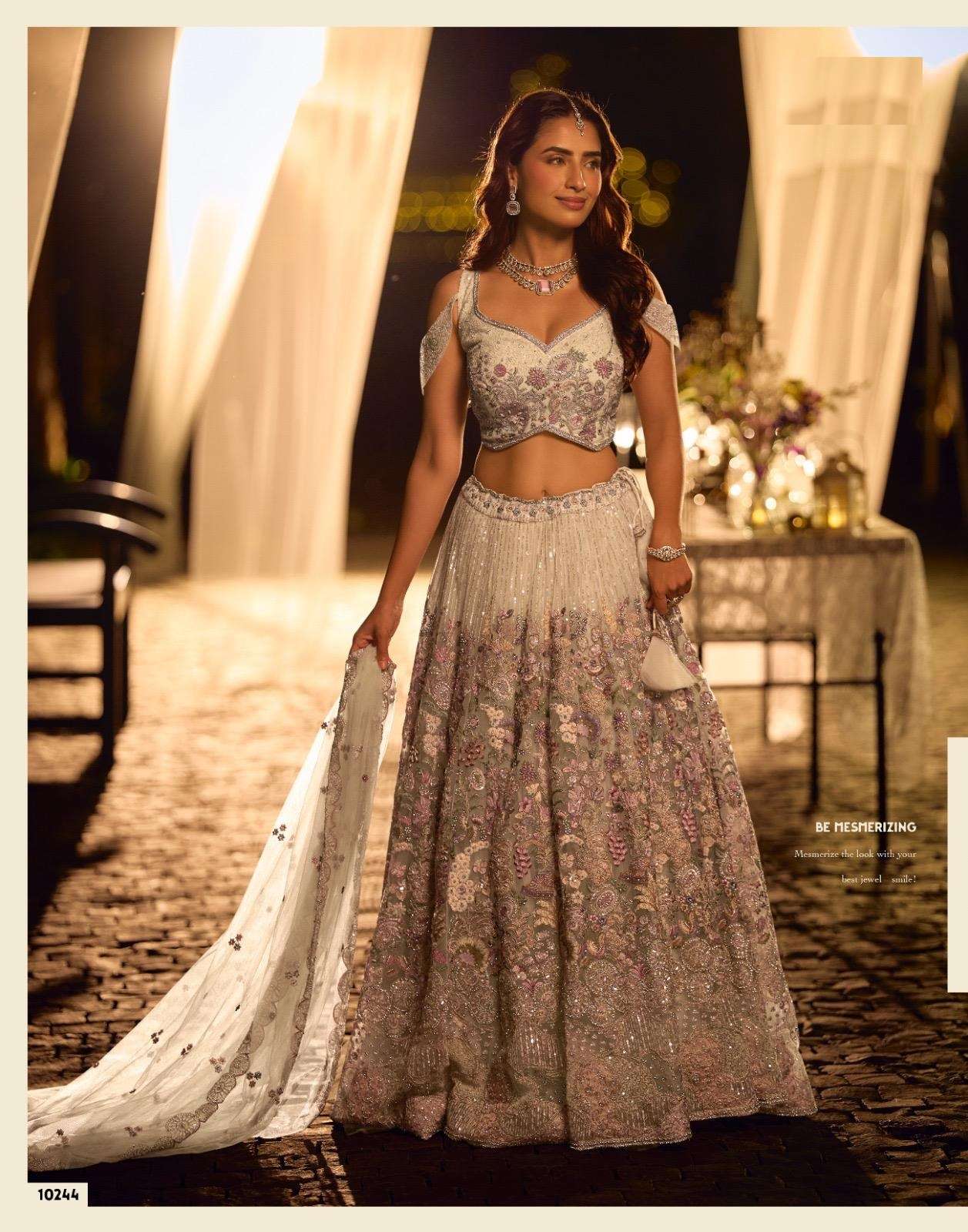 DESIGNER BOLLYWOOD BRIDAL WEDDING PARTY WEAR BEIGE NET LEHENGA CHOLI WITH BEADS WORK SY RIYAASAT 10244