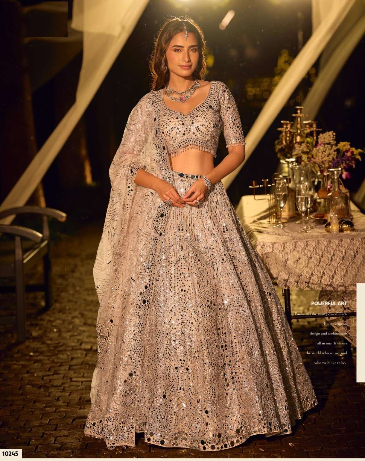 DESIGNER BOLLYWOOD BRIDAL WEDDING PARTY WEAR BEIGE NET LEHENGA CHOLI WITH BEADS WORK SY RIYAASAT 10245