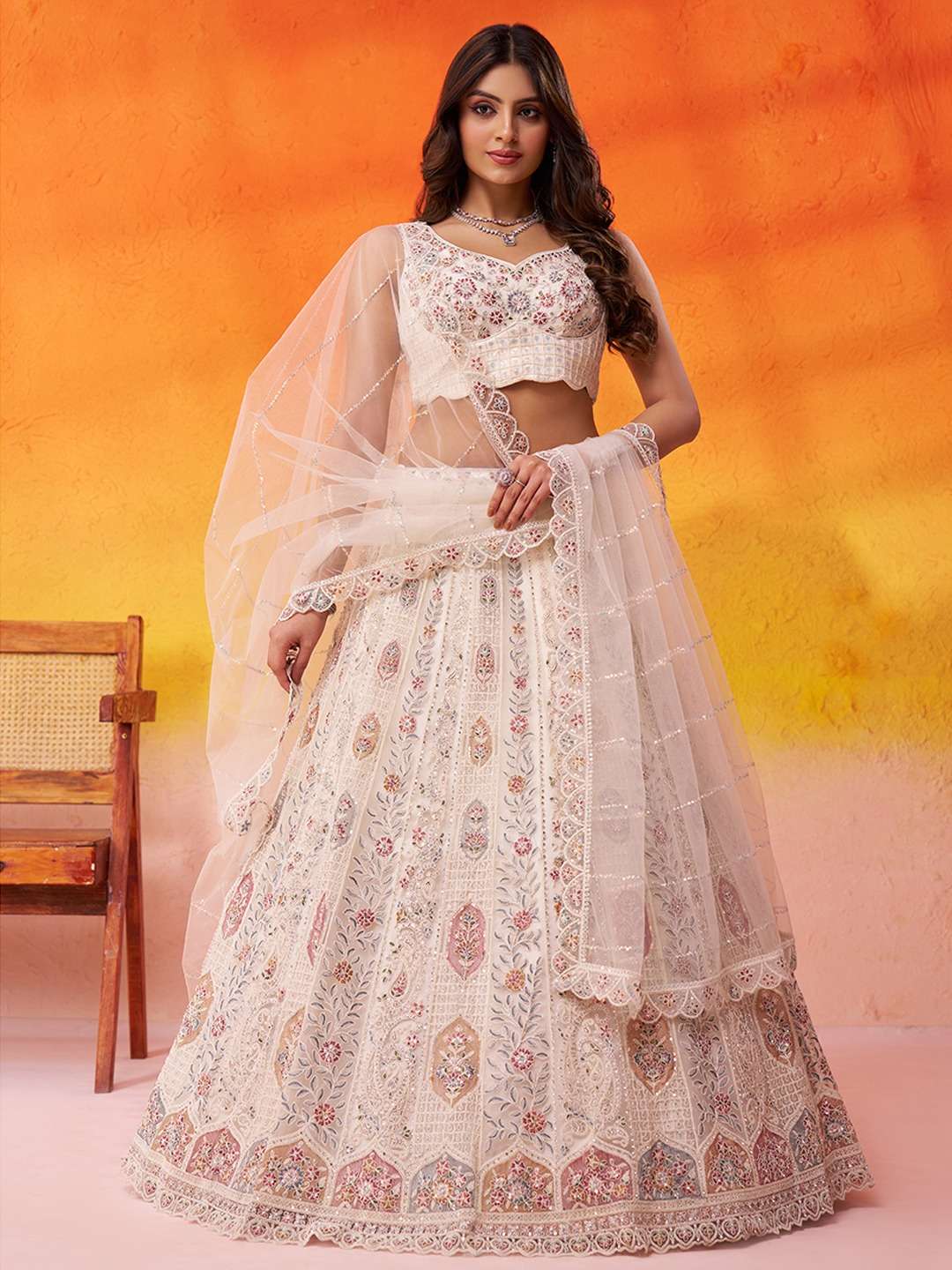 DESIGNER BOLLYWOOD BRIDAL WEDDING PARTY WEAR CREAM NET LEHENGA CHOLI SENHORA DRESSES NT 6249 C