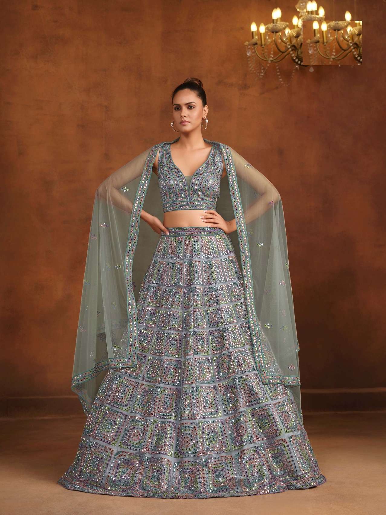 DESIGNER BOLLYWOOD BRIDAL WEDDING PARTY WEAR DARK GREY HANDWORK LEHENGA CHOLI NET FABRIC SENHORA DRESSES NVN 105