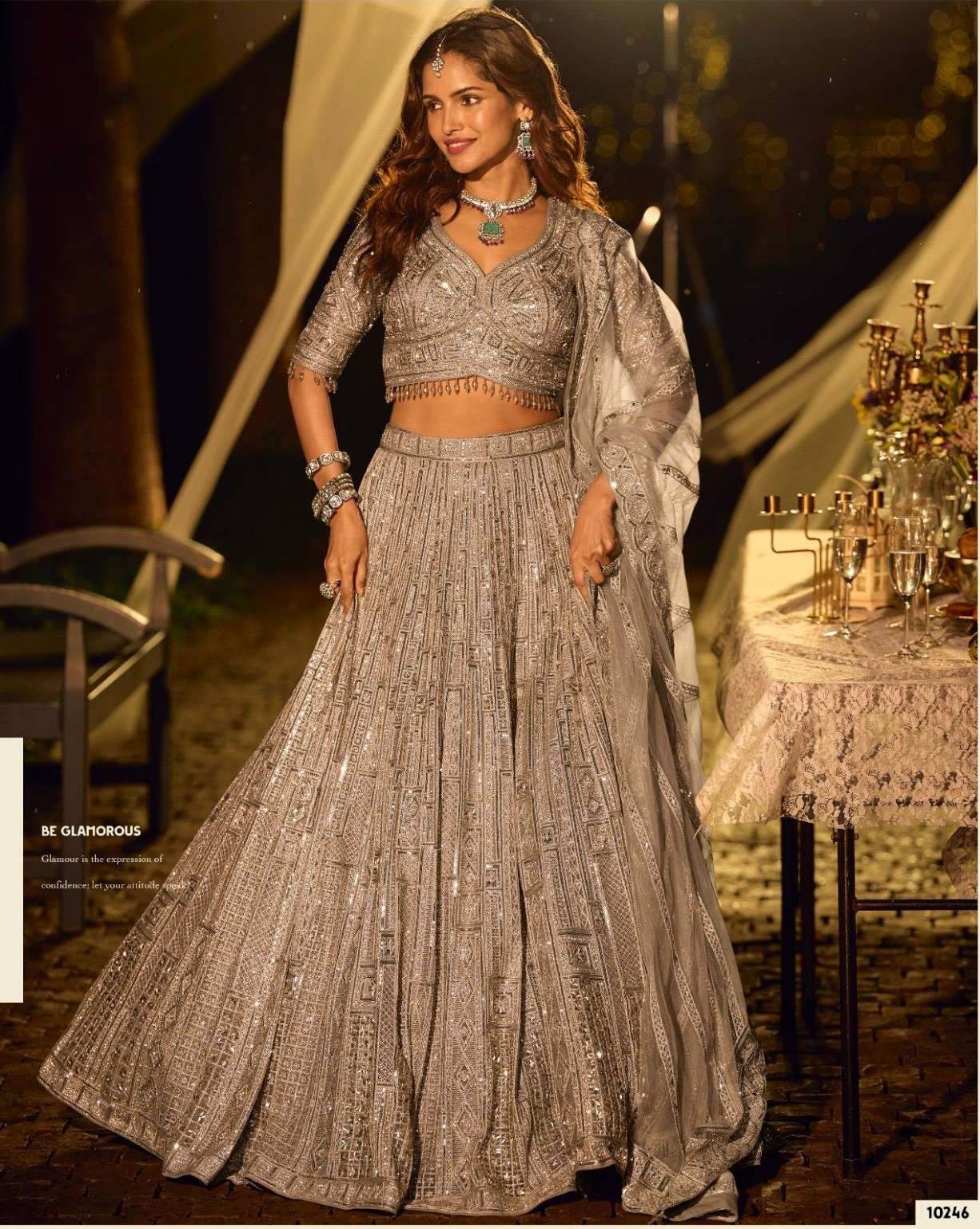 DESIGNER BOLLYWOOD BRIDAL WEDDING PARTY WEAR GREY NET LEHENGA CHOLI WITH BEADS WORK SY RIYAASAT 10246
