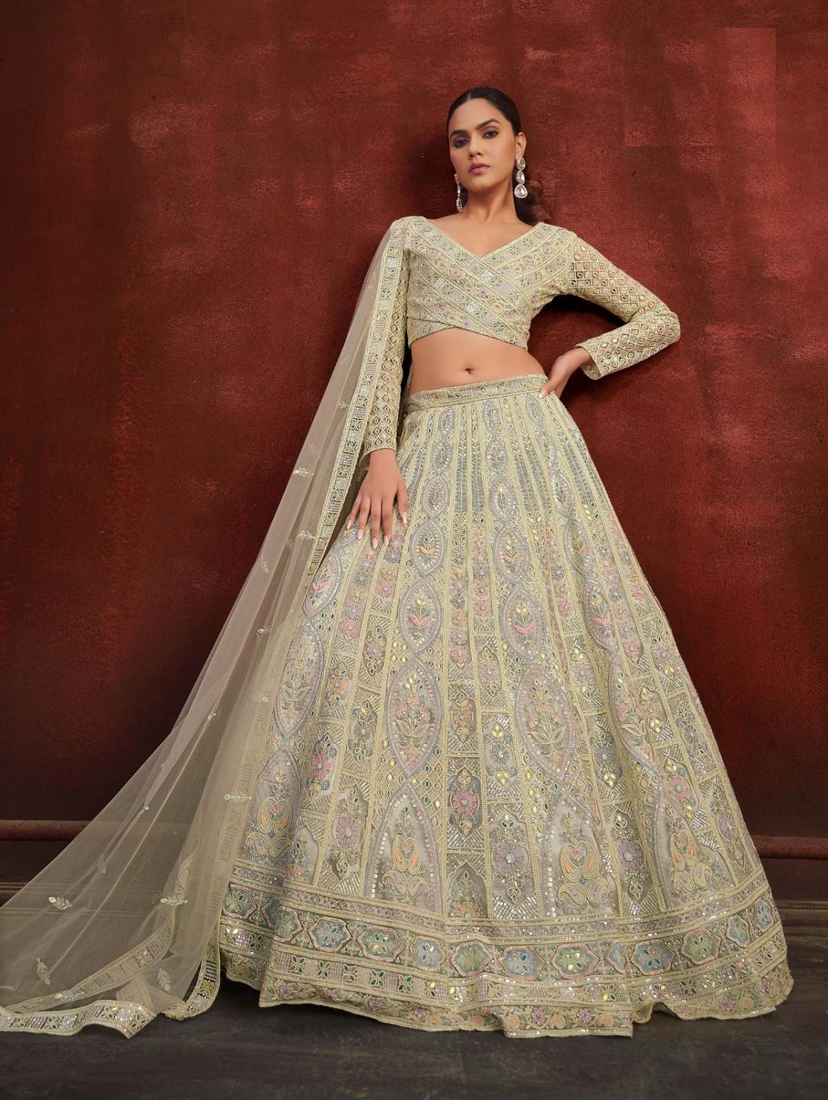 DESIGNER BOLLYWOOD BRIDAL WEDDING PARTY WEAR GREY HANDWORK LEHENGA CHOLI NET FABRIC SENHORA DRESSES NVN 108