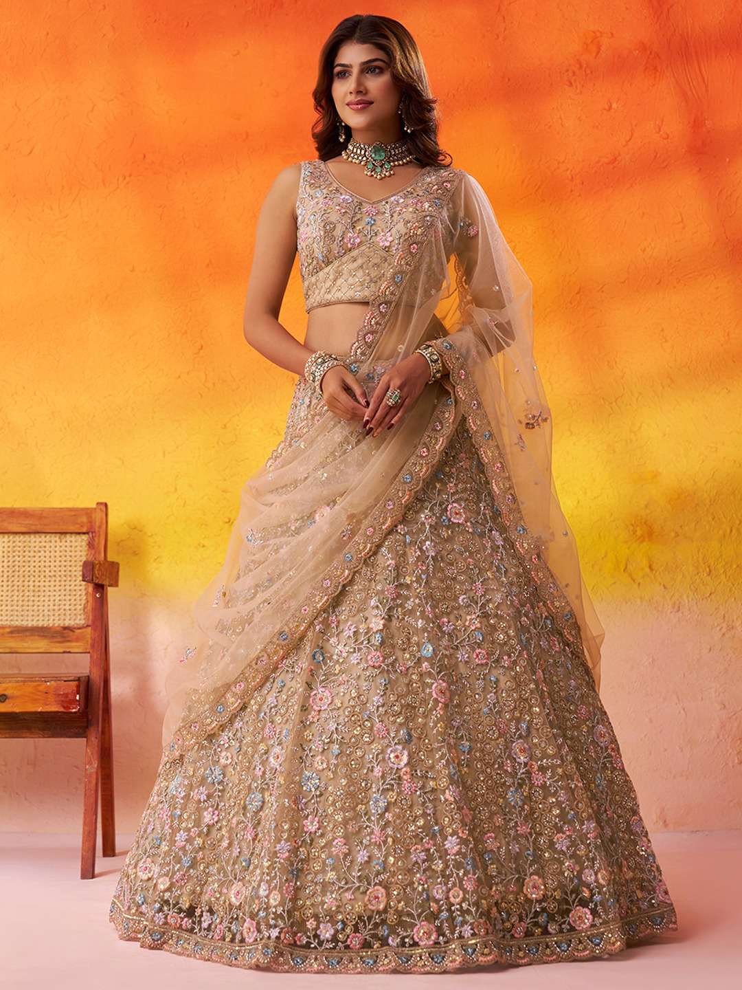 DESIGNER BOLLYWOOD BRIDAL WEDDING PARTY WEAR NET BEIGE LEHENGA CHOLI SENHORA DRESSES NT 6270 A