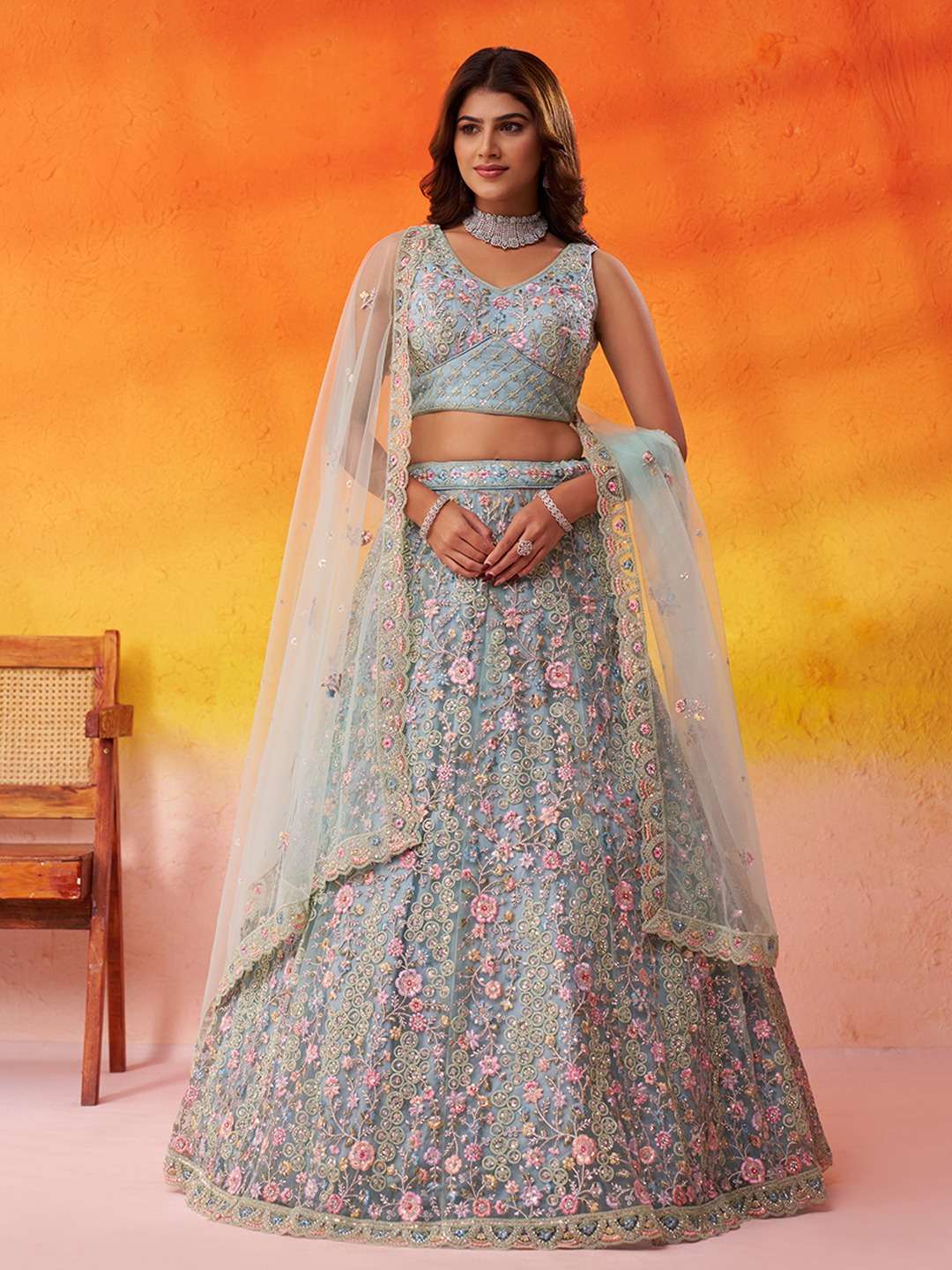 DESIGNER BOLLYWOOD BRIDAL WEDDING PARTY WEAR NET SEA GREEN LEHENGA CHOLI SENHORA DRESSES NT 6270 B