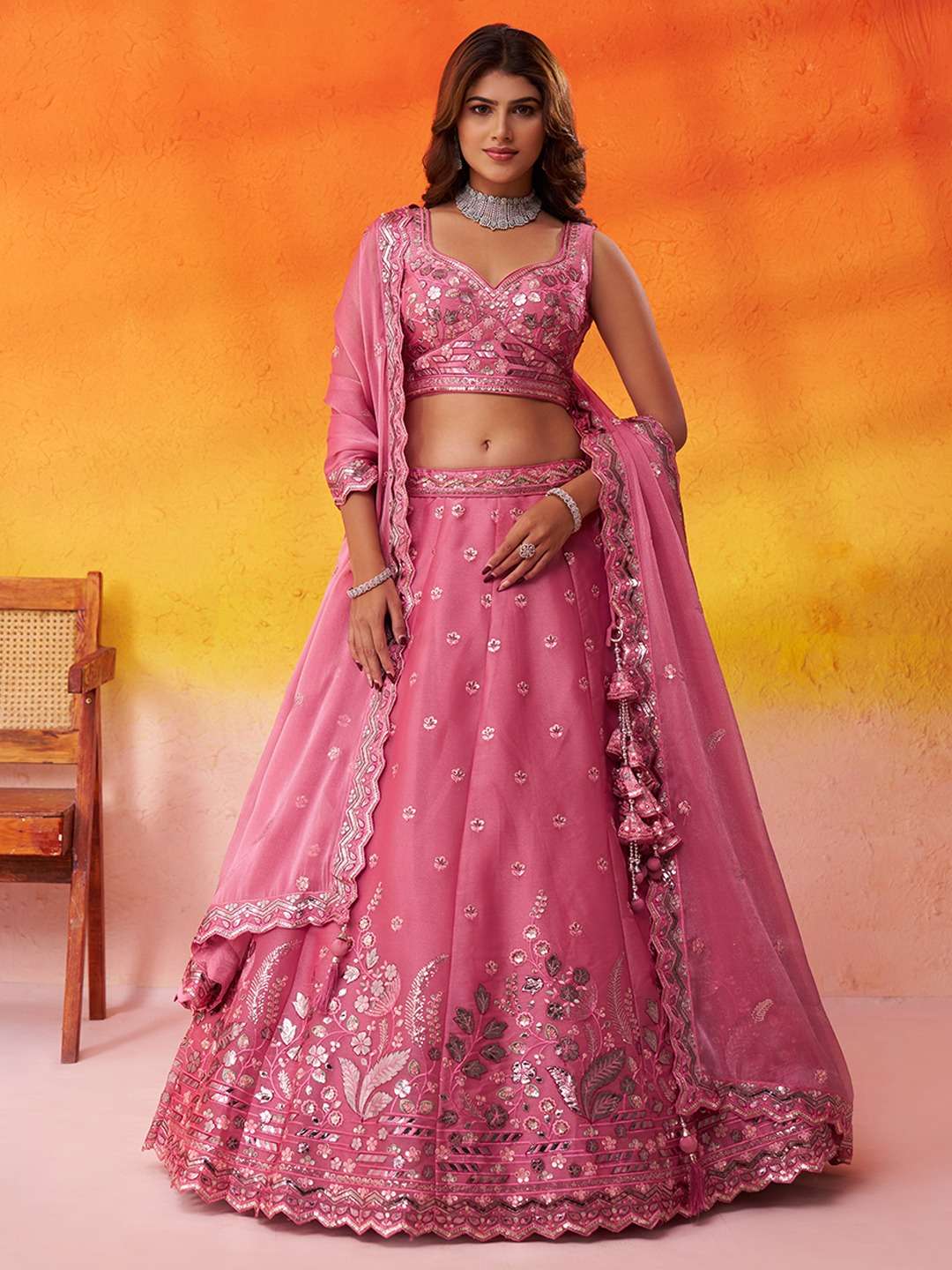 DESIGNER BOLLYWOOD BRIDAL WEDDING PARTY WEAR ORGANZA SILK PINK LEHENGA CHOLI SENHORA DRESSES NT 6287 A