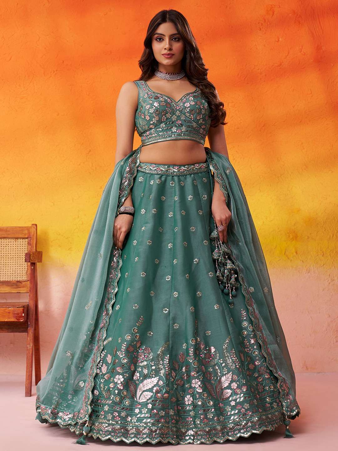 DESIGNER BOLLYWOOD BRIDAL WEDDING PARTY WEAR ORGANZA SILK GREEN LEHENGA CHOLI SENHORA DRESSES NT 6287 C