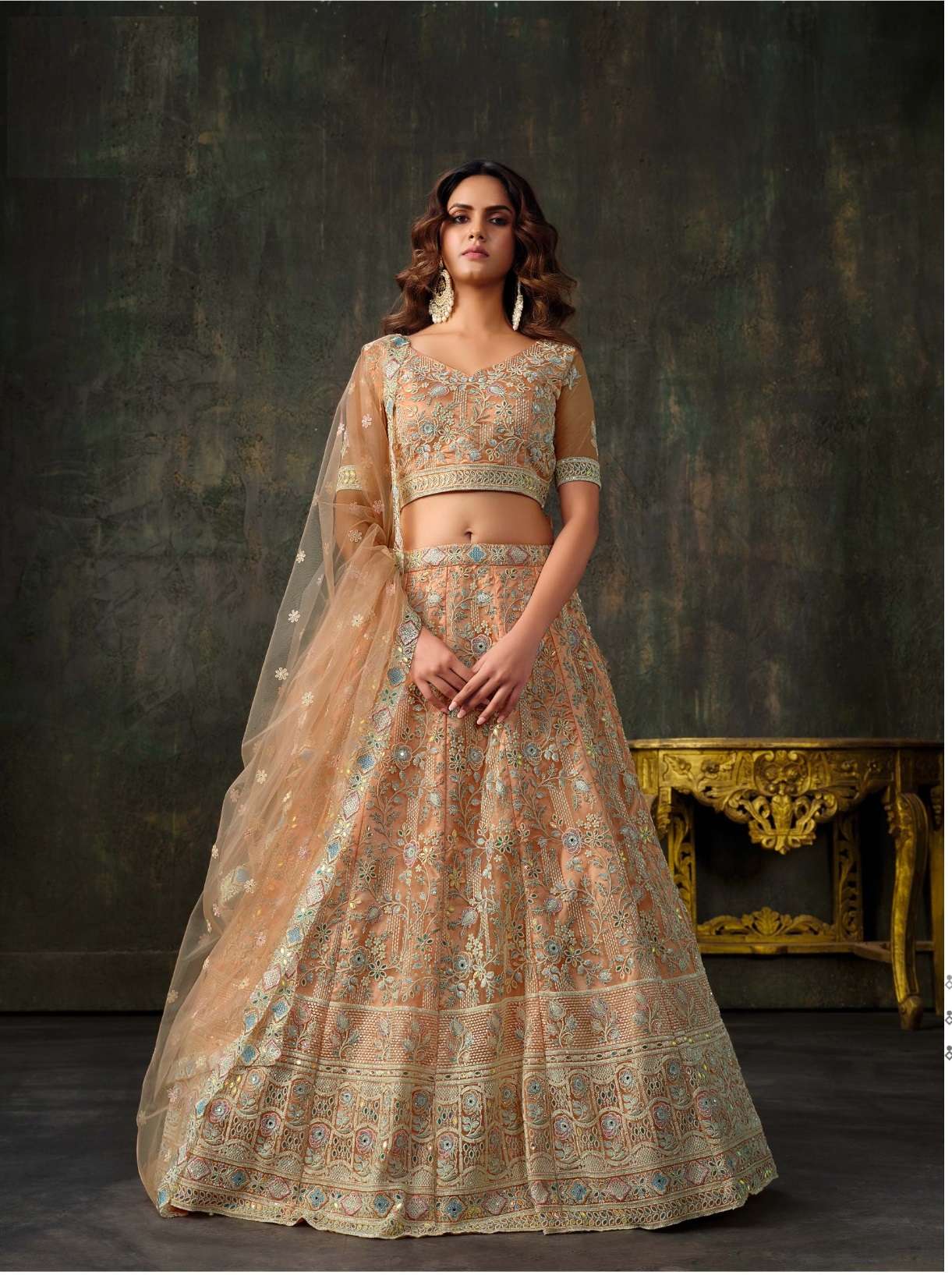 DESIGNER BOLLYWOOD BRIDAL WEDDING PARTY WEAR PEACH HANDWORK LEHENGA CHOLI NET FABRIC SENHORA DRESSES NVN 102