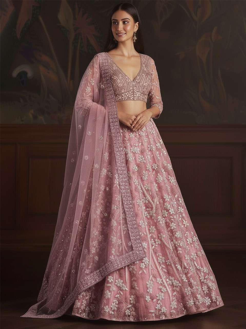 DESIGNER BOLLYWOOD BRIDAL WEDDING PARTY WEAR PINK NET LEHENGA CHOLI SENHORA DRESSES SM PC RAVEENA A4