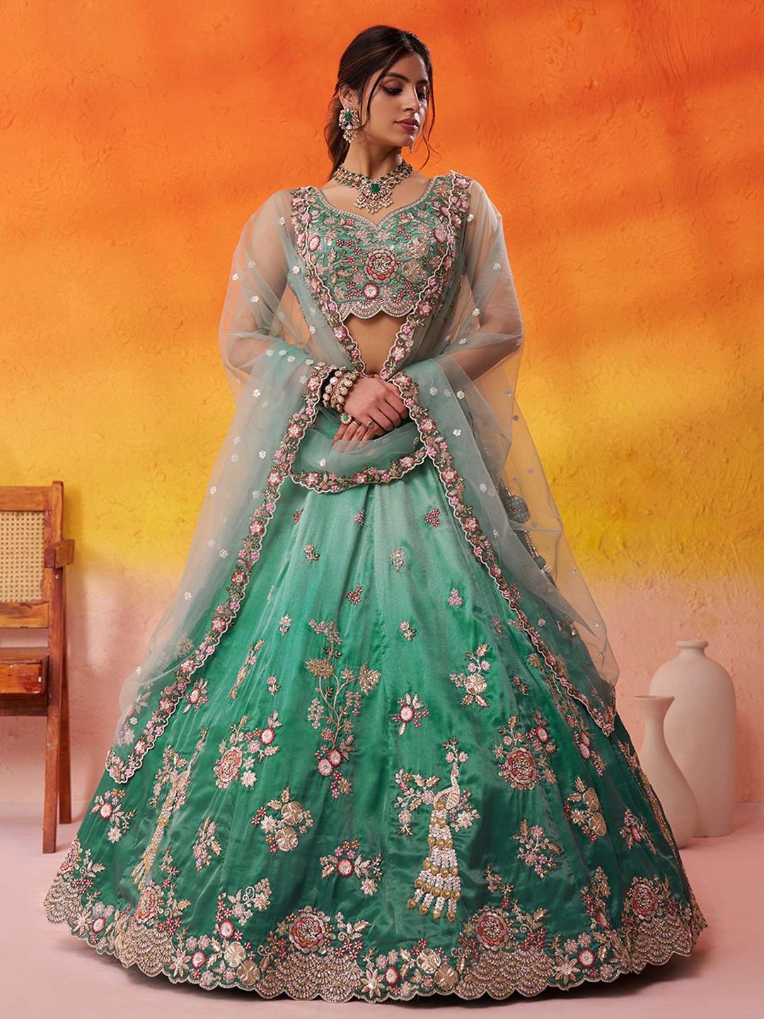 DESIGNER BOLLYWOOD BRIDAL WEDDING PARTY WEAR TISSUE SILK GREEN LEHENGA CHOLI SENHORA DRESSES NT 6162 A