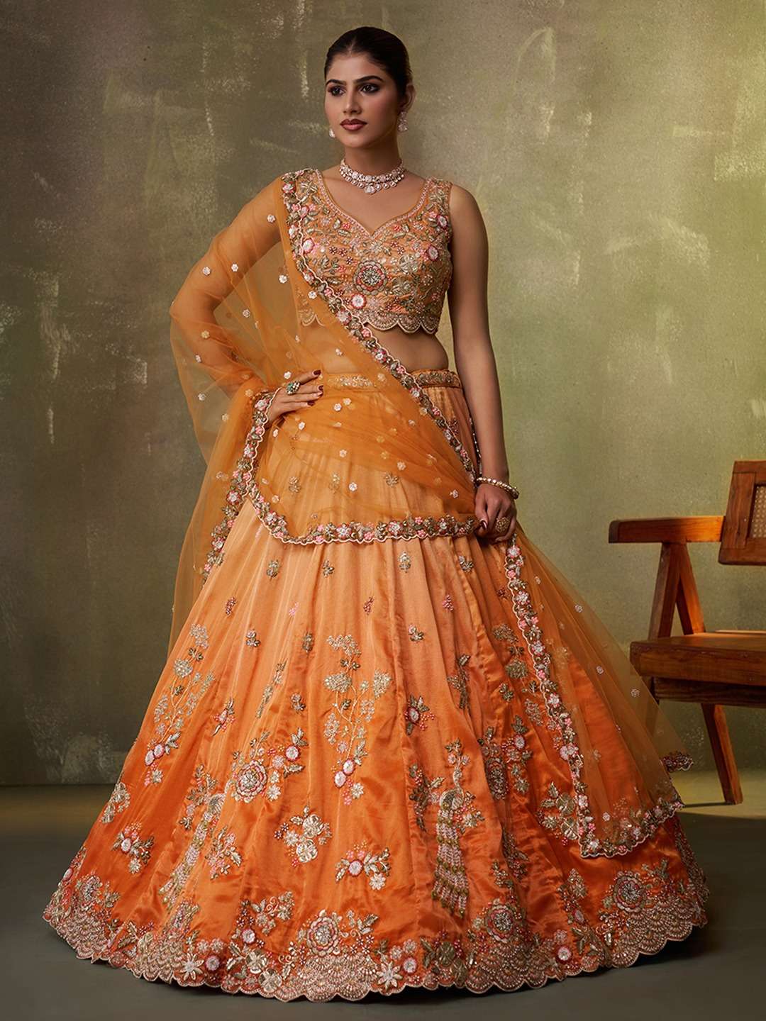 DESIGNER BOLLYWOOD BRIDAL WEDDING PARTY WEAR TISSUE SILK ORANGE LEHENGA CHOLI SENHORA DRESSES NT 6162 B