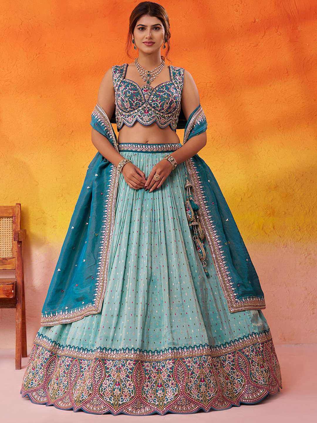 DESIGNER BOLLYWOOD BRIDAL WEDDING PARTY WEAR TISSUE SILK SKY BLUE LEHENGA CHOLI SENHORA DRESSES NT 6231 A