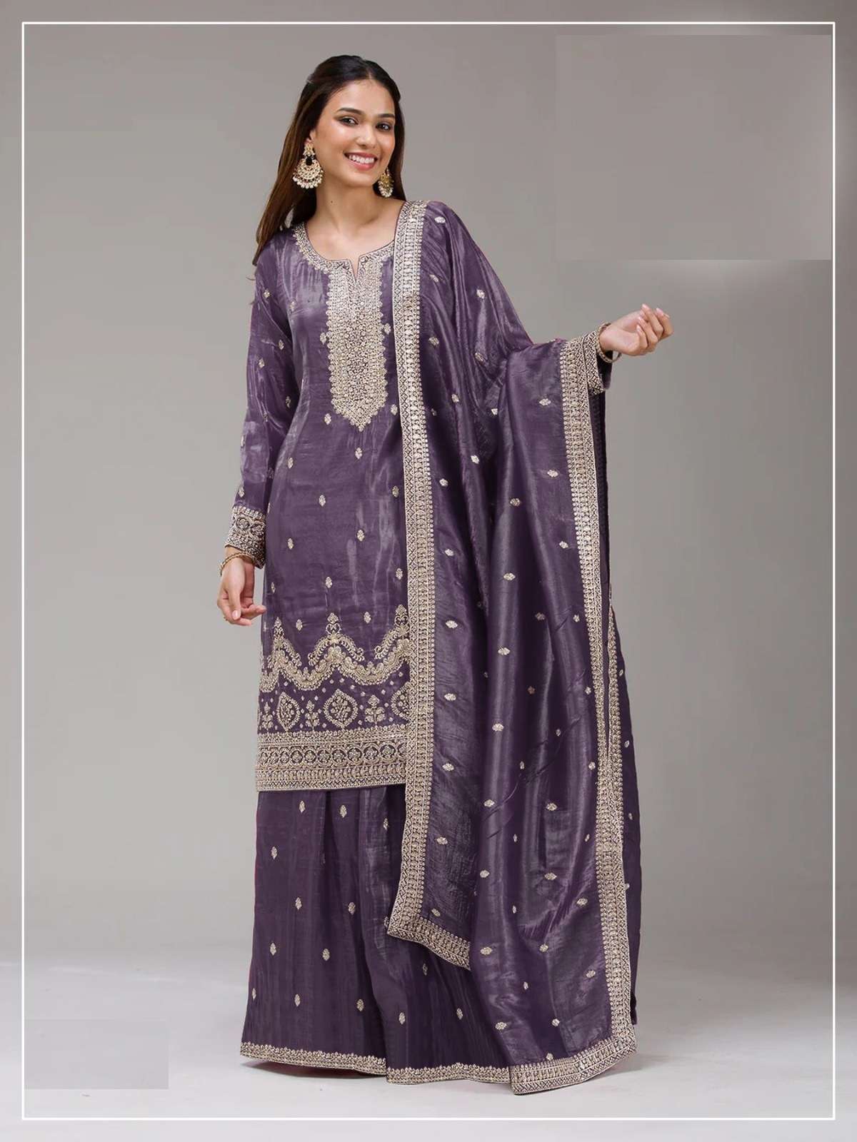 DESIGNER FANCY PARTY WEAR FANCY GOLD CRUSH PURPLE SHARARA SALWAR SUIT PALAZZO JG 2103 C
