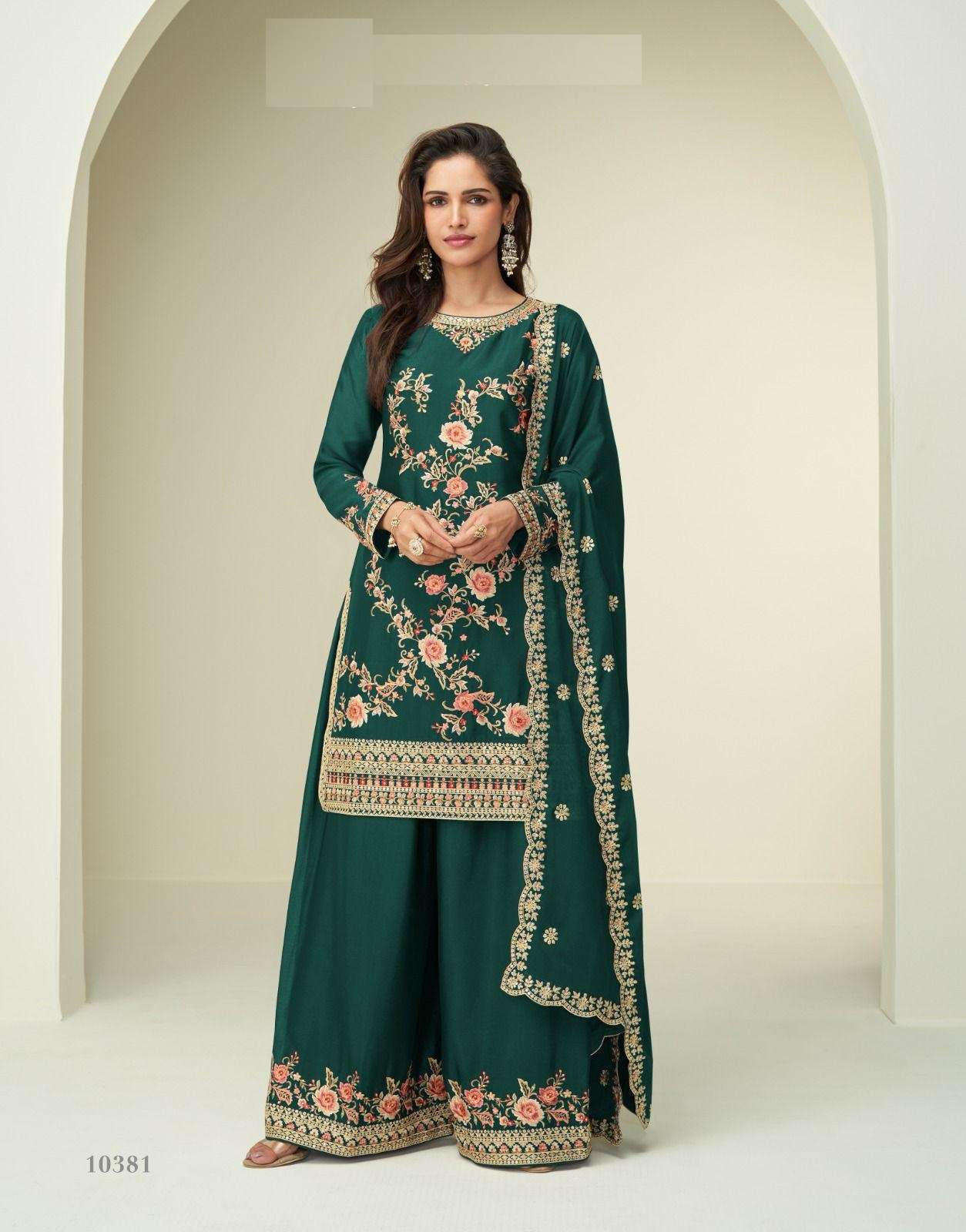 DESIGNER FANCY PARTY WEAR PREMIUM CHINON GREEN SHARARA SALWAR SUIT PALAZZO AF GOURI 10381