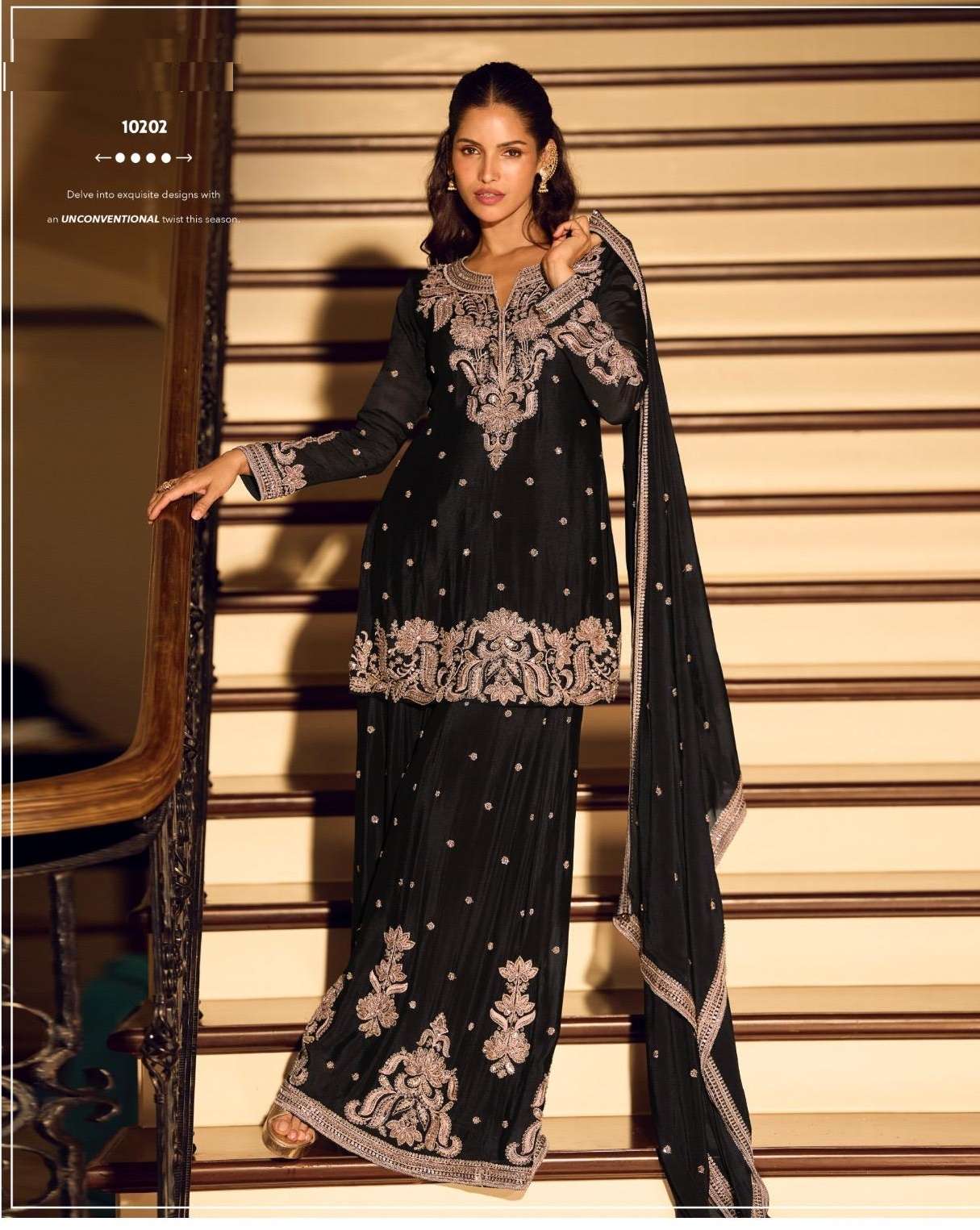 DESIGNER FANCY PARTY WEAR PREMIUM CHINON SILK BLACK SHARARA SALWAR SUIT PALAZZO SY KANCHAN 10202