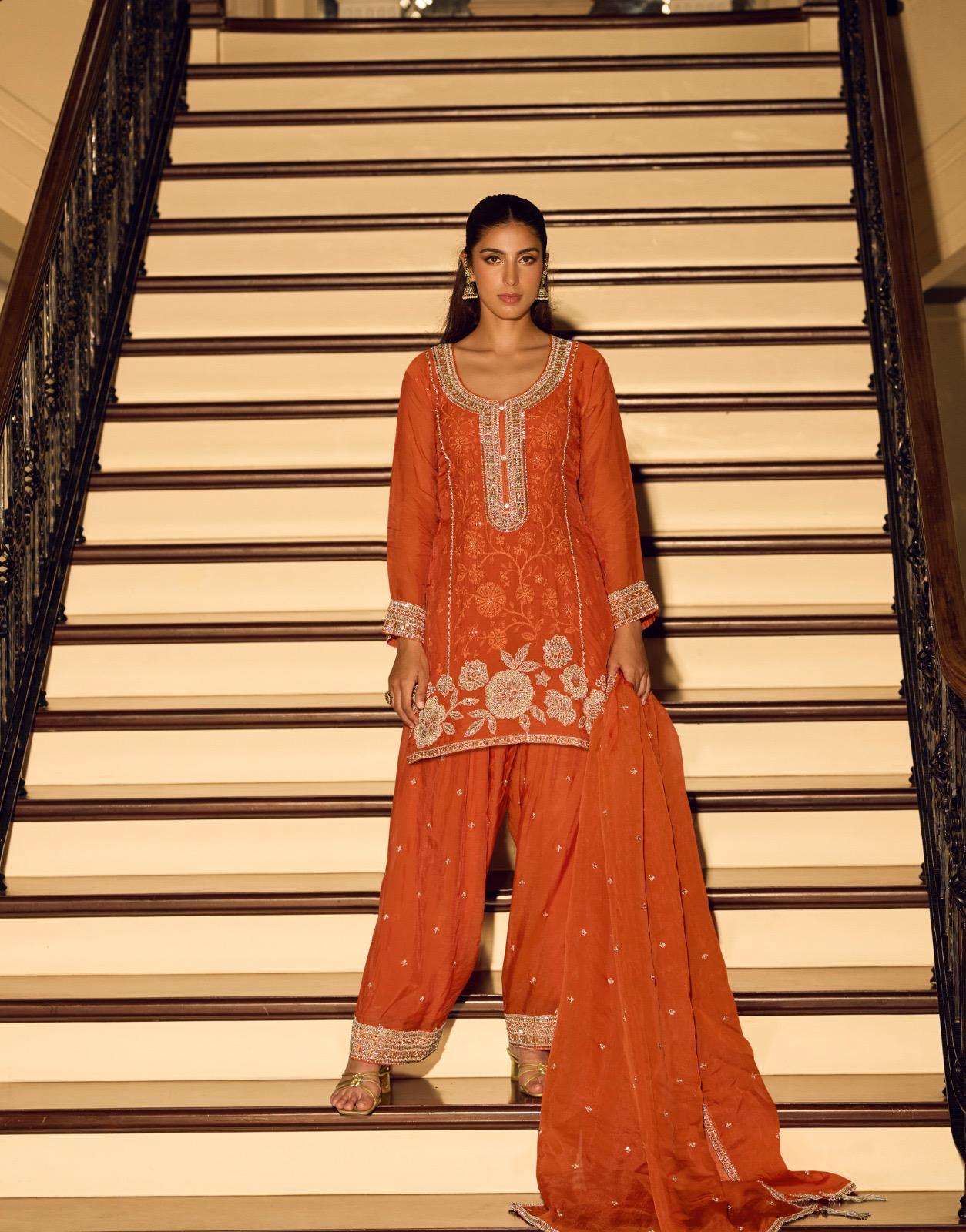 DESIGNER FANCY PARTY WEAR PREMIUM CHINON SILK ORANGE SHARARA SALWAR SUIT PALAZZO SY KANCHAN 10201