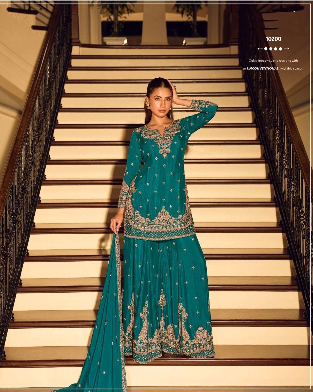 DESIGNER FANCY PARTY WEAR PREMIUM CHINON SILK TEAL BLUE SHARARA SALWAR SUIT PALAZZO SY KANCHAN 10200