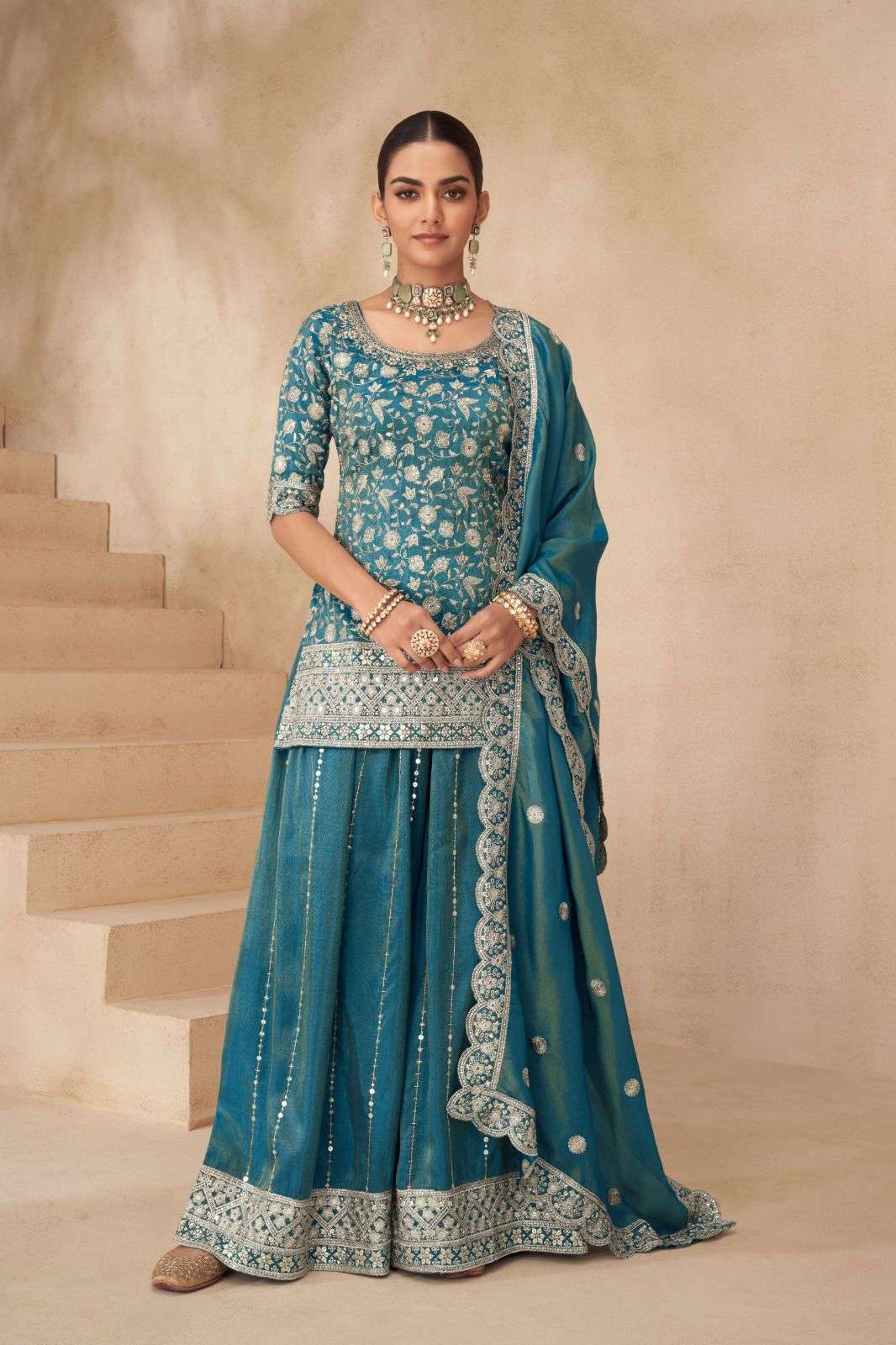 DESIGNER FANCY PARTY WEAR PREMIUM SHIMAR SILK BLUE SHARARA SALWAR SUIT PALAZZO GL SUHANA 1001 A