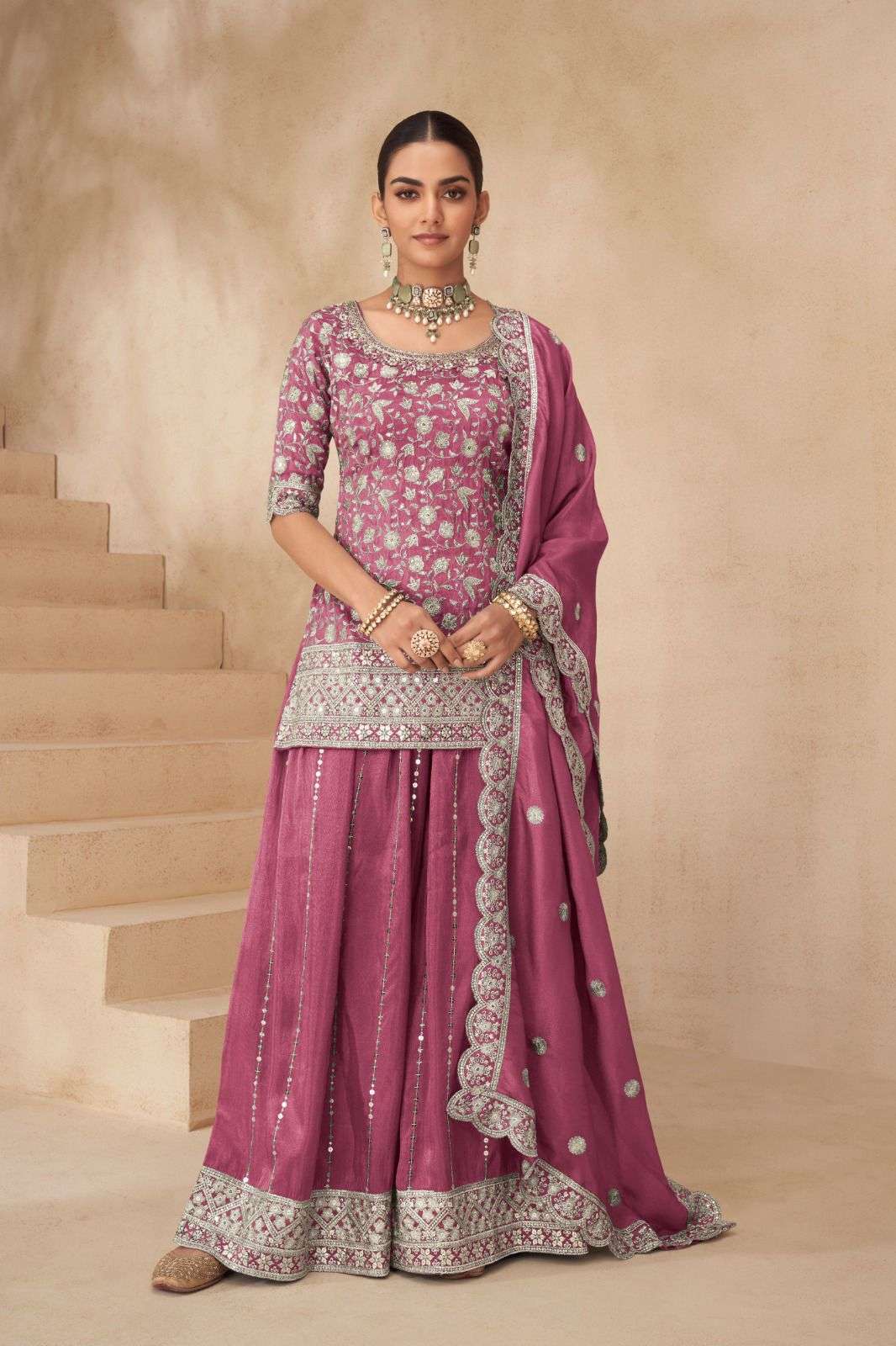 DESIGNER FANCY PARTY WEAR PREMIUM SHIMAR SILK PINK SHARARA SALWAR SUIT PALAZZO GL SUHANA 1001 C