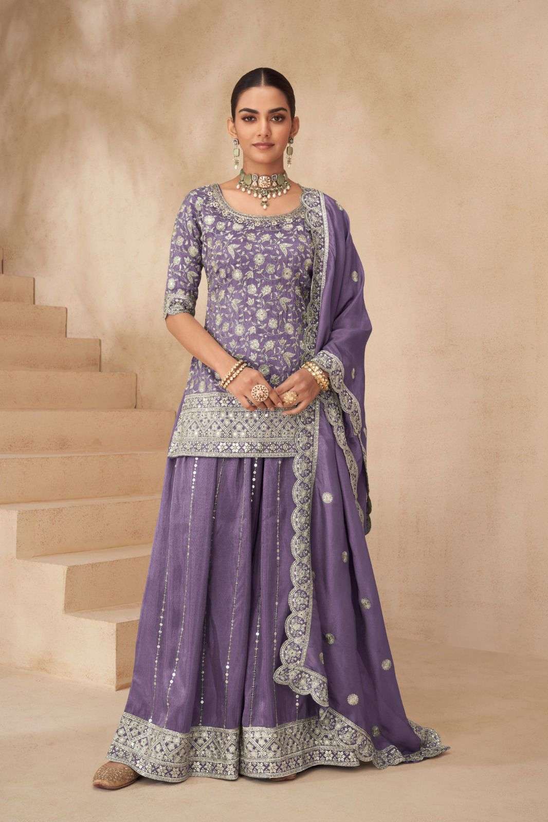 DESIGNER FANCY PARTY WEAR PREMIUM SHIMAR SILK PURPLE SHARARA SALWAR SUIT PALAZZO GL SUHANA 1001 B